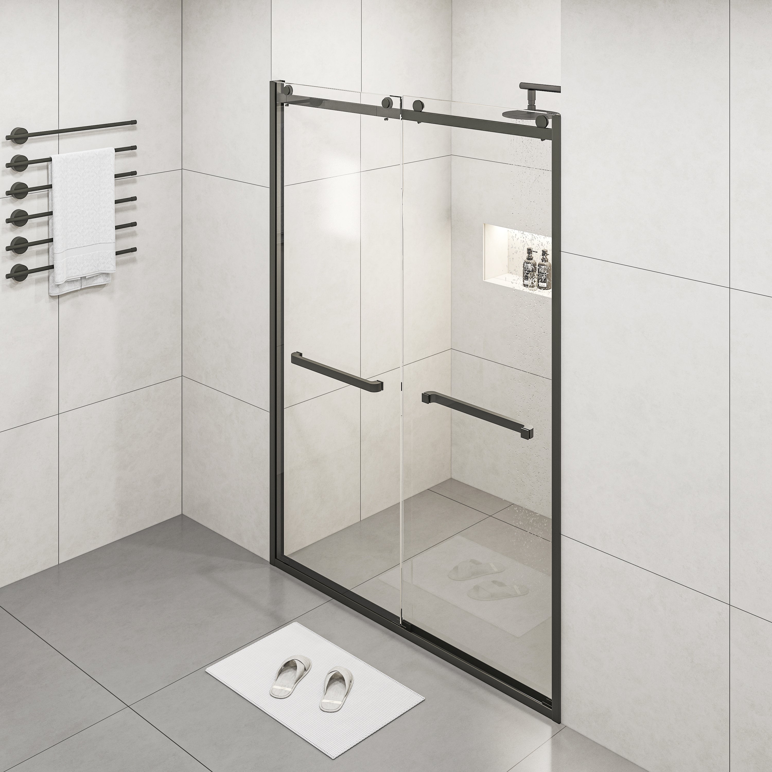 Semi-frameless Double Sliding Glass Shower Doors, 60" Width x 76"Height with 3/8"(10mm) Clear Tempered Glass, Matt Black Finish