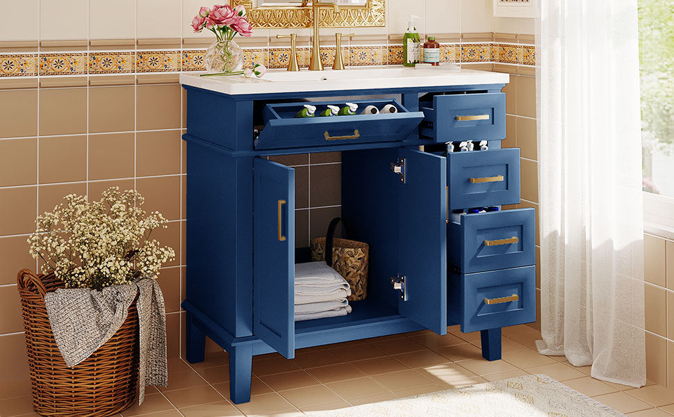 36-inch Bathroom Vanity with Resin Sink, Modern Bathroom Cabinet in Blue, Featuring Two Soft Close Doors and Four Drawers