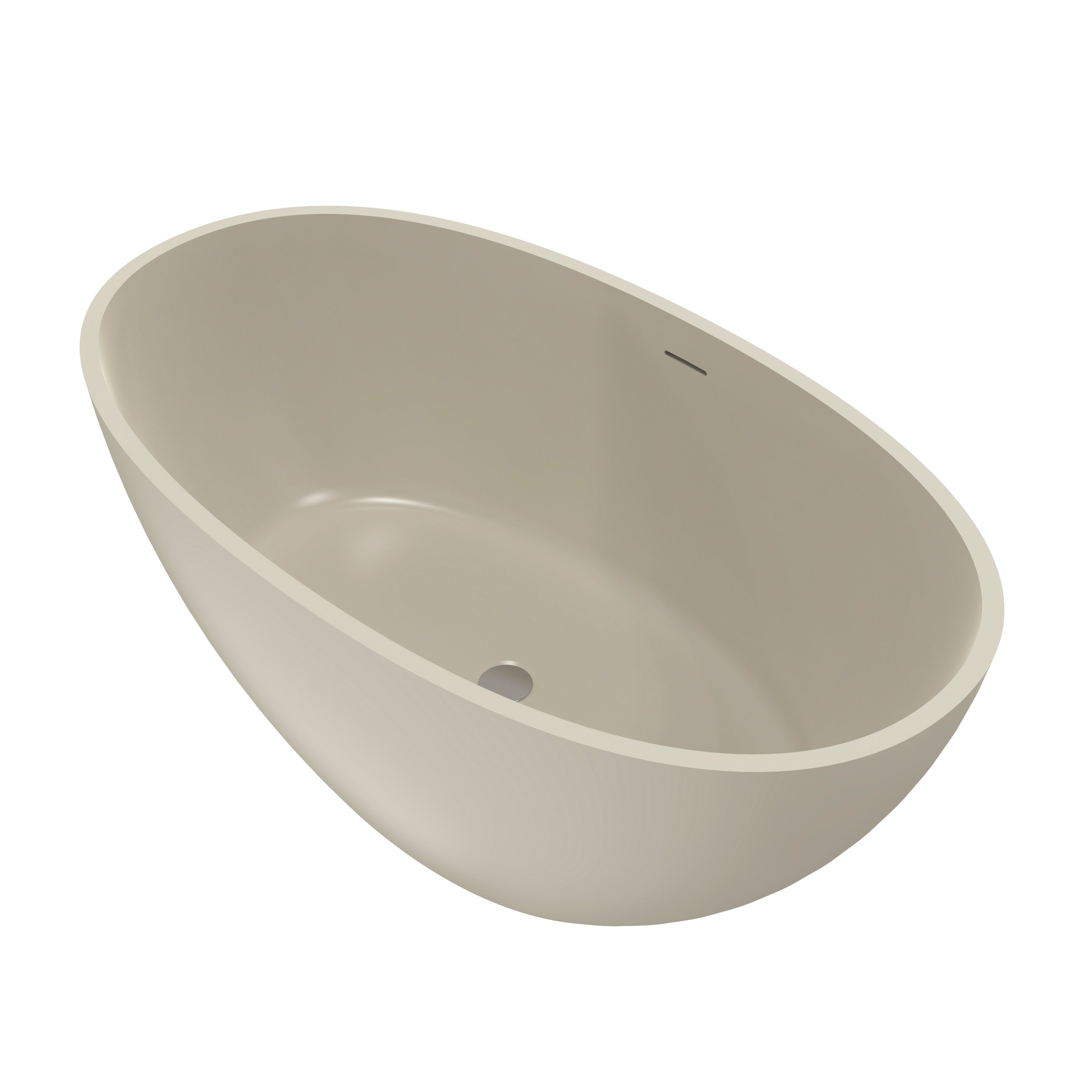 Freestanding solid surface bathtub in bathroom setting, spa-style view
