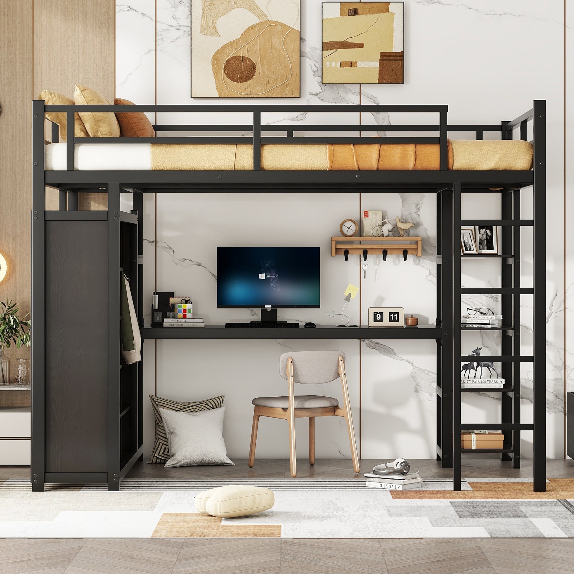 Metal Full Size Loft Bed with Desk,Shelves,Wardrobe, Black