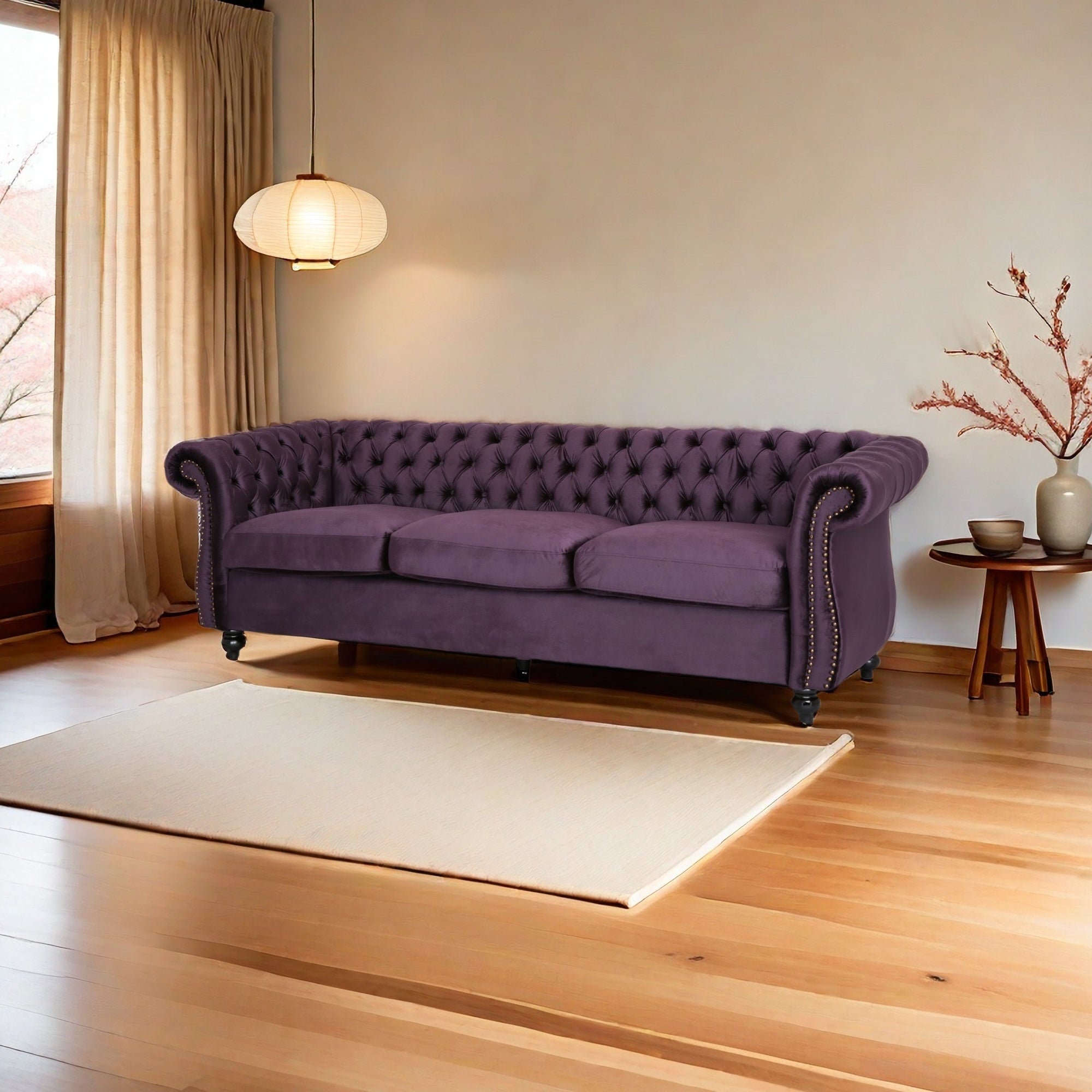 Luxurious 3-Seater Purple Velvet Sofa, Featuring a Classic Design with Modern Elegance, Perfect for Adding Sophistication and Style to Any Living Room, Plush Comfort and Durable Craftsmanship