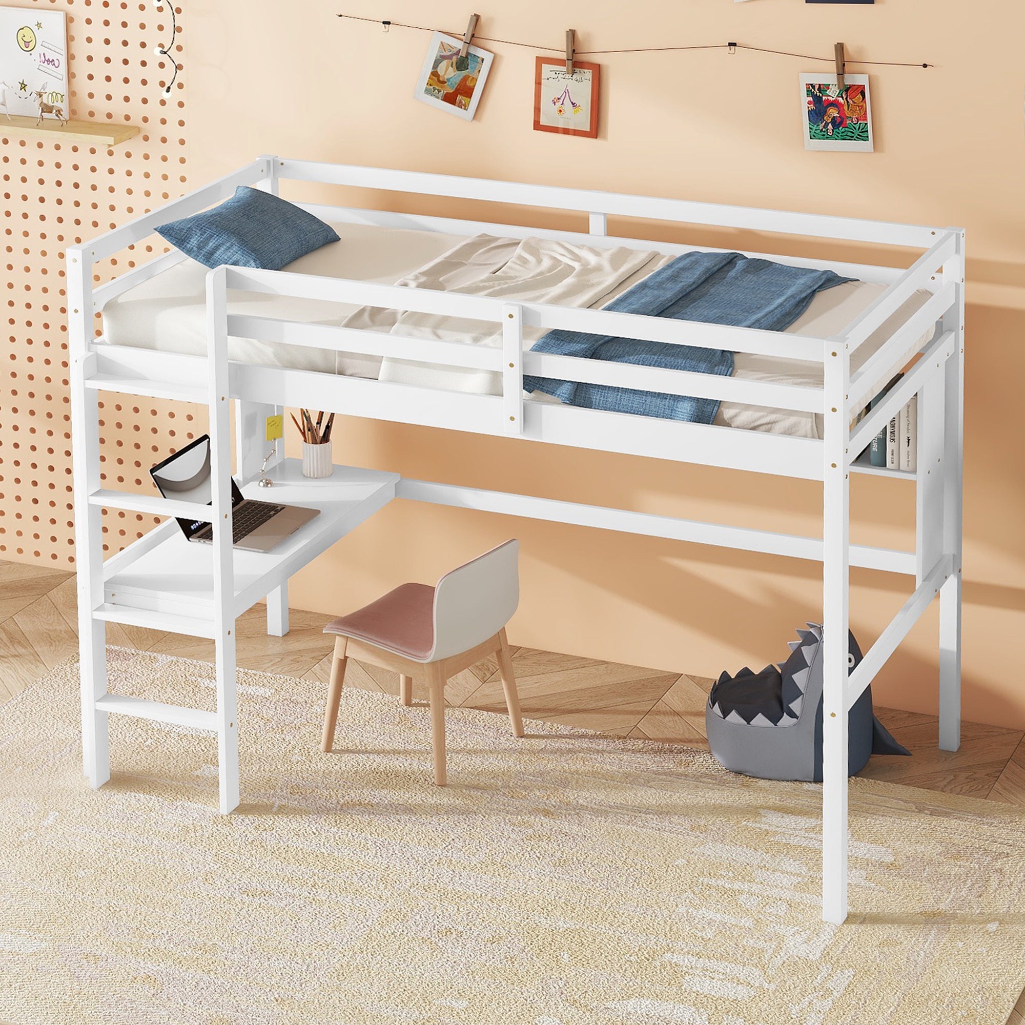 Twin Size Loft Bed with desk and shelves, Safety Guardrail and ladder,White