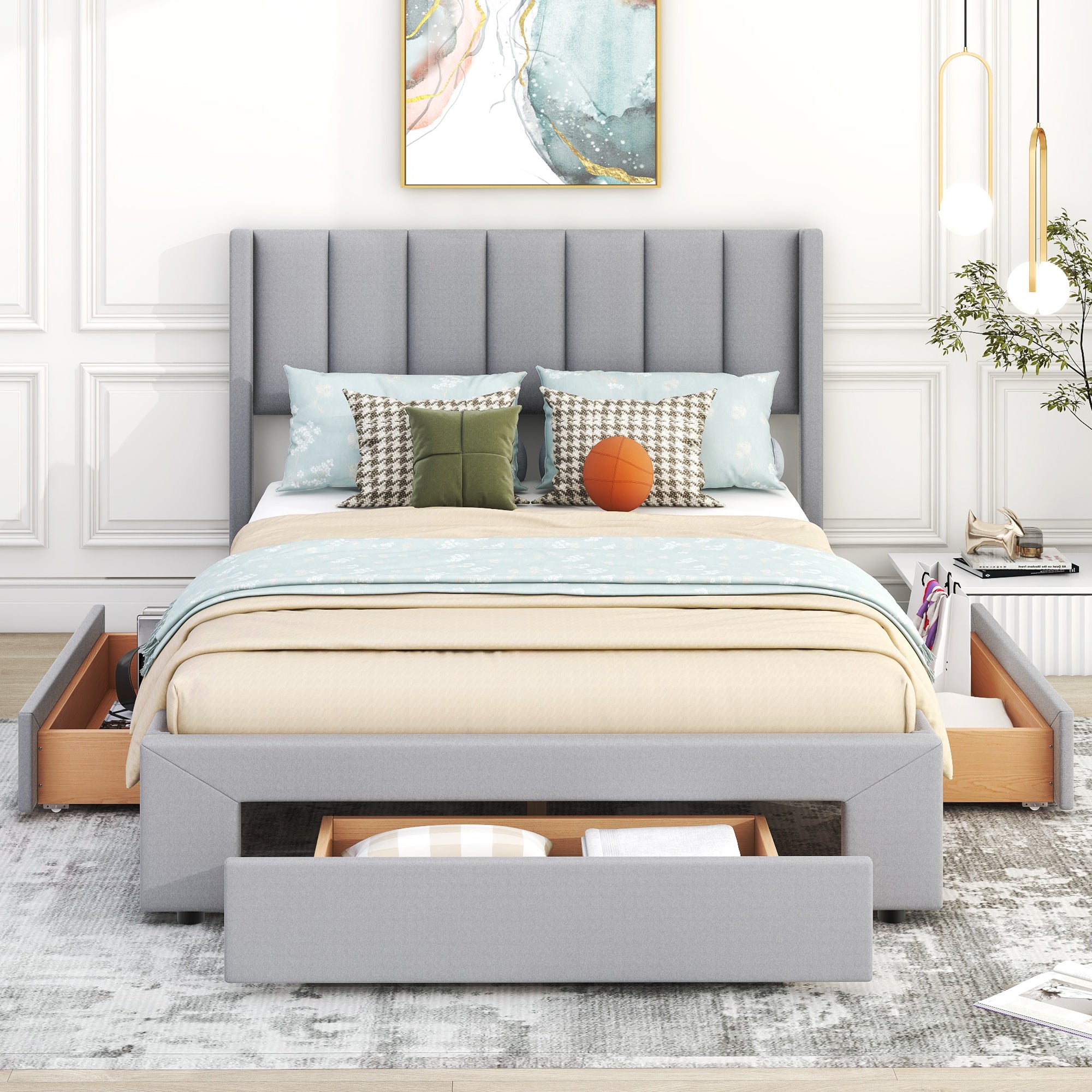 Queen Size Upholstered Platform Bed with One Large Drawer in the Footboard and Drawer on Each Side,Gray