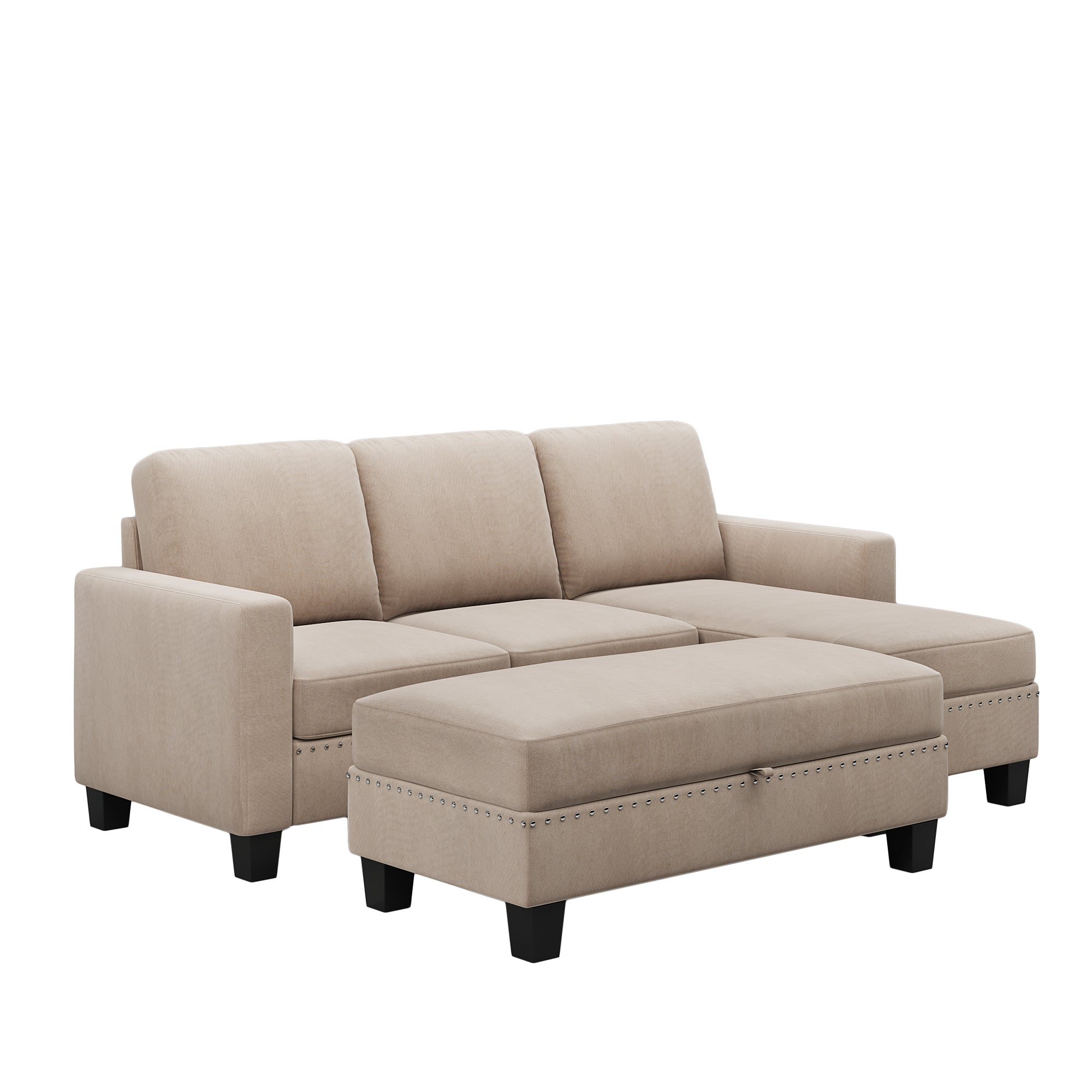 [New] [VIDEO provided] 81.1*76.3*35" Reversible Sectional Couch with Storage Ottoman L-Shaped Sofa,Sectional Sofa with Chaise,Nailheaded Textured Fabric 3 pieces Sofa Set,Warm Grey