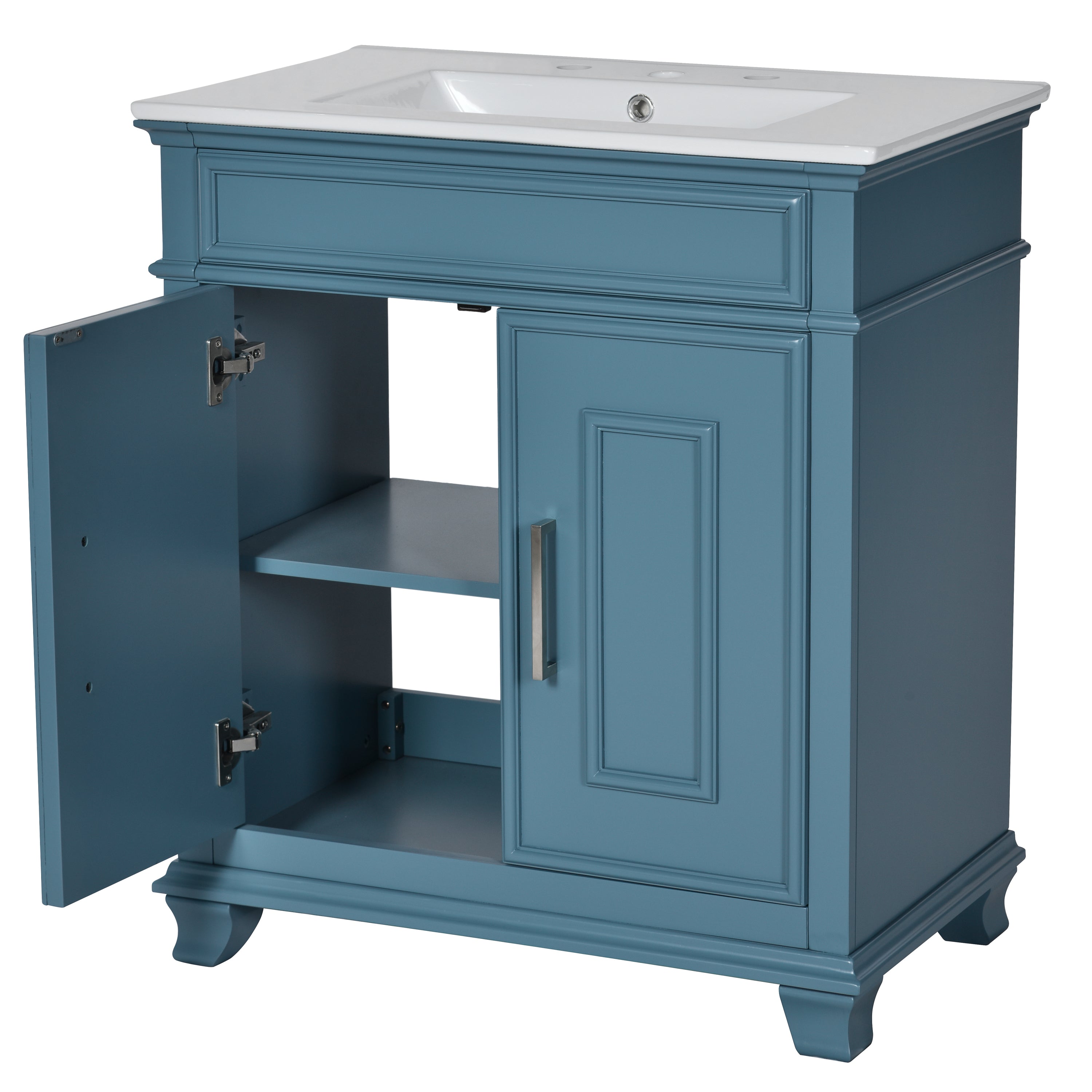 30 Inch Bathroom Vanity with Ceramic Sink, Freestanding Bathroom Vanity Set with Storage Shelf, Storage Cabinet for Bathroom, Solid Wood Frame Bathroom Cabinet, Blue