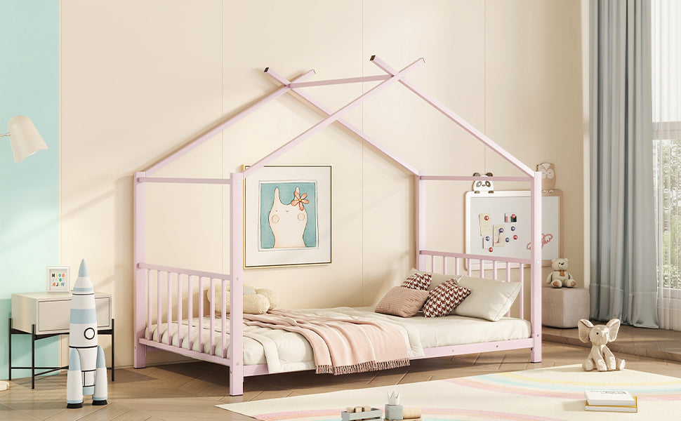 Twin Size Metal House Platform Bed, Pink