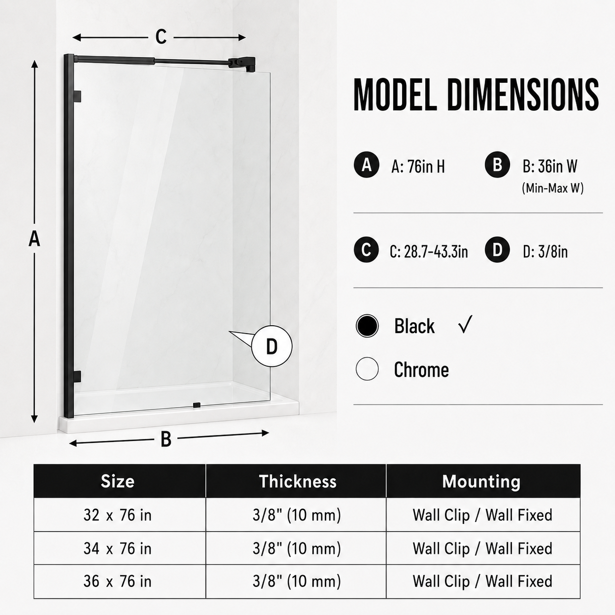 Frameless fixed shower panel 36 x 76 in matte black installed view