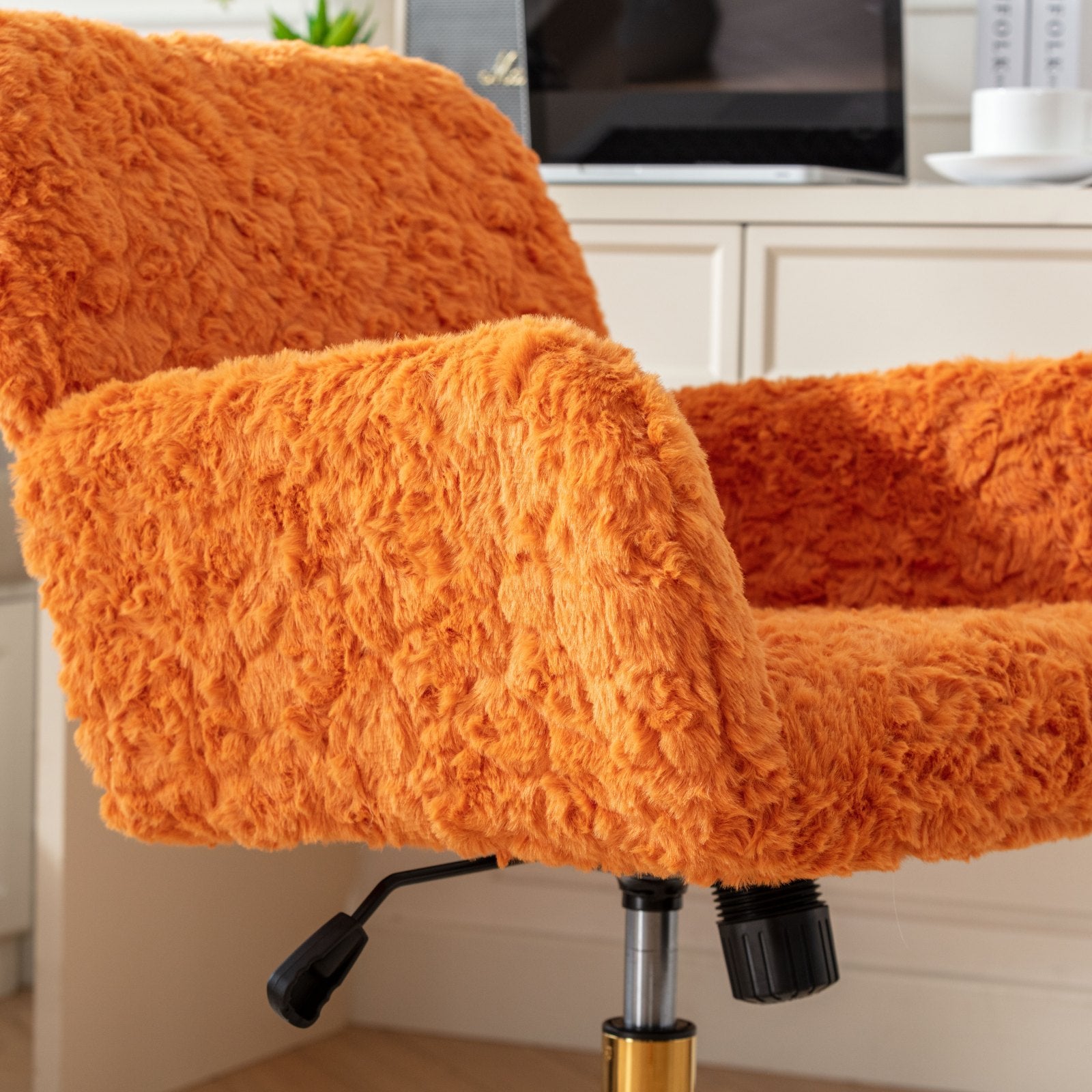 A&A Furniture Office Chair,Artificial rabbit hair Home Office Chair with Golden Metal Base,Adjustable Desk Chair Swivel Office Chair,Vanity Chair(Orange)