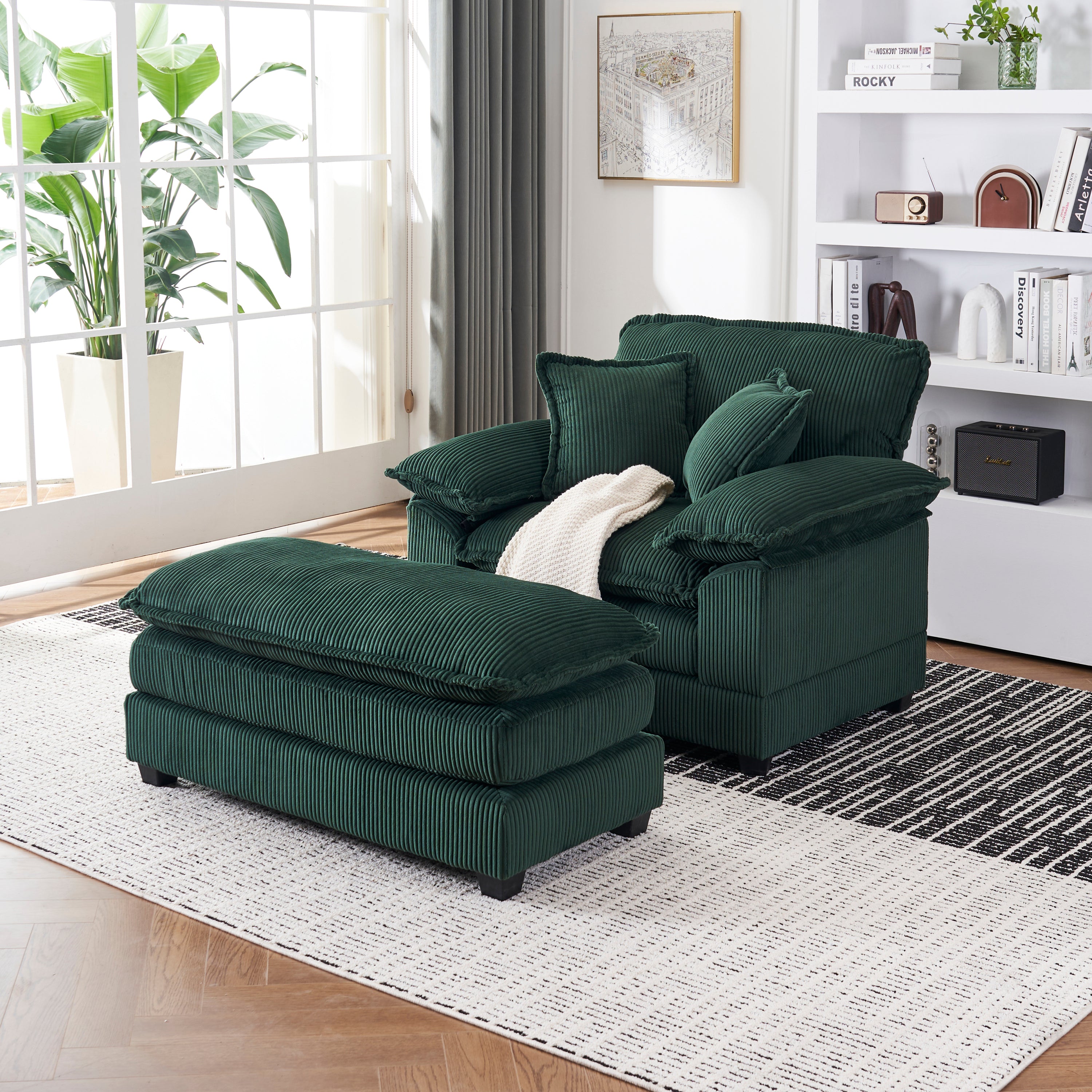 56.3 Inch Corduroy single sofa With  2 toss pillows and a ottoman ,Comfy Sofa- Deep Seat Couch for Living Room