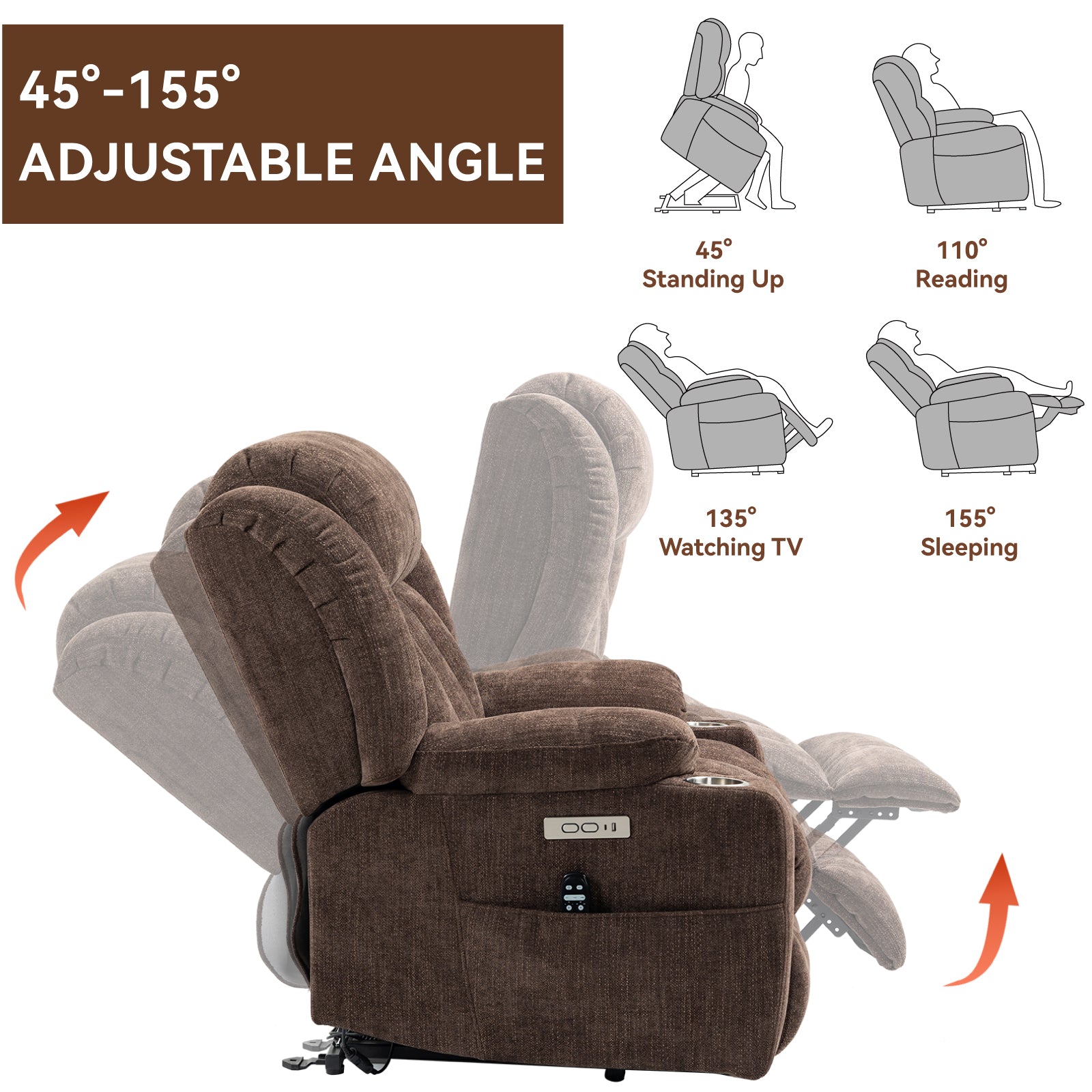 Up to 350 LBS Chenille Power Lift Recliner Chair, Heavy Duty Motion Mechanism with 8-Point Vibration Massage and Lumbar Heating, USB and Type-C Ports, Stainless Steel Cup Holders, Brown