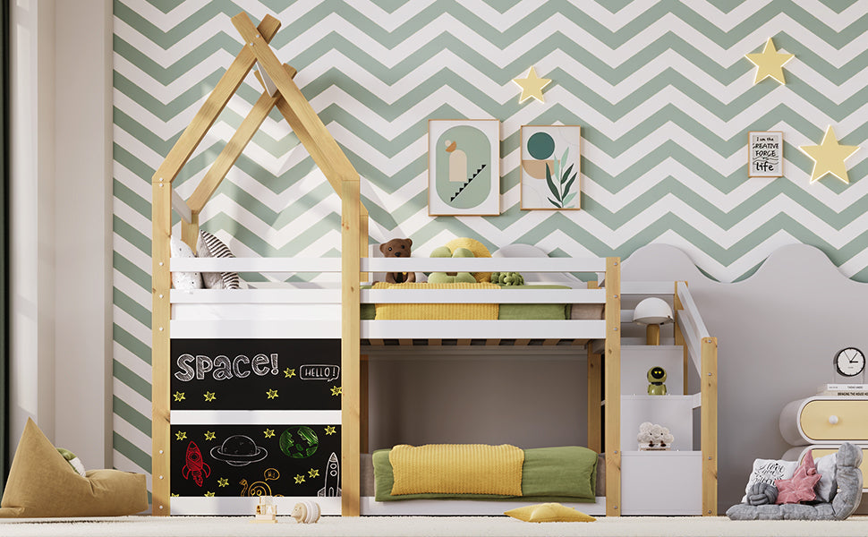 Twin over Twin House Bunk Bed with White Storage Staircase and 2 Blackboards, White and Natural