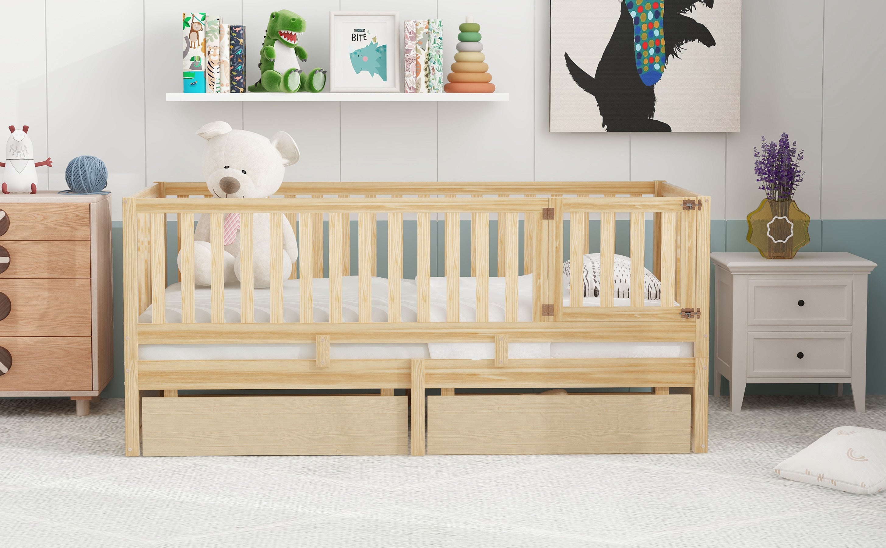 Twin Size Wood Daybed with Fence Guardrails and 2 Drawers, Split into Independent Floor Bed & Daybed, Natural(OLD SKU :LP000881AAN)