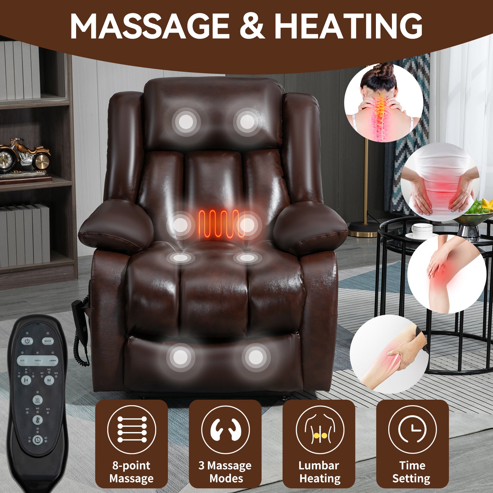 Dual Motor Infinite Position Up to 350 LBS Electric Medium size Genuine Leather Brown Power Lift Recliner Chair with 8-Point Vibration Massage and Lumbar Heating