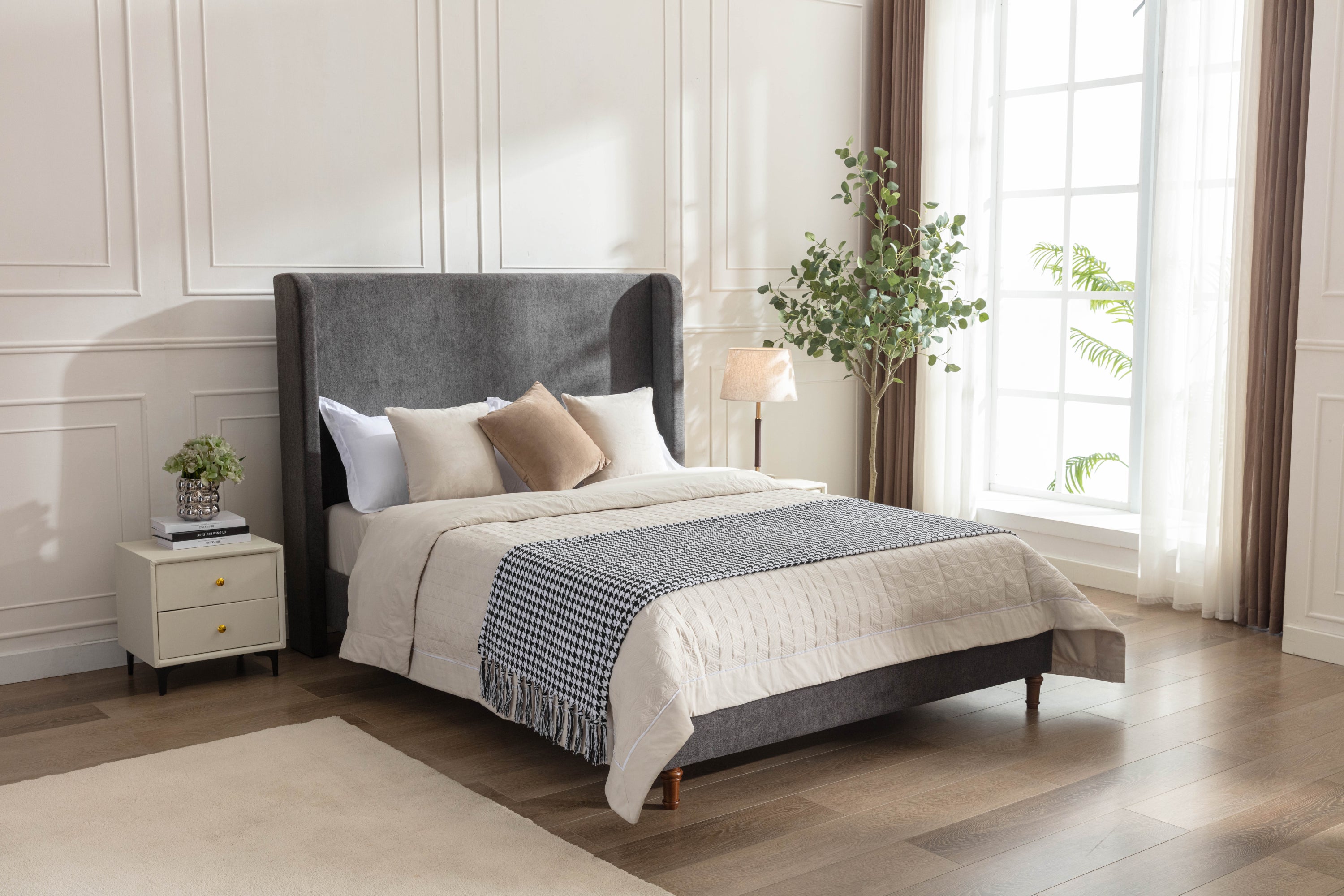 Same as B083P152031 Harper Tall Headboard Upholstered Bed / 54" High Headboard / Elegant Simplicity / No Box Spring Needed / Easy Assembly / Queen / Dark gray velvet