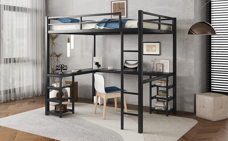 Full Metal Loft Bed with Desk and Shelves, Loft Bed with Ladder and Guardrails, Loft Bed Frame for Bedroom, Black with Black Desk