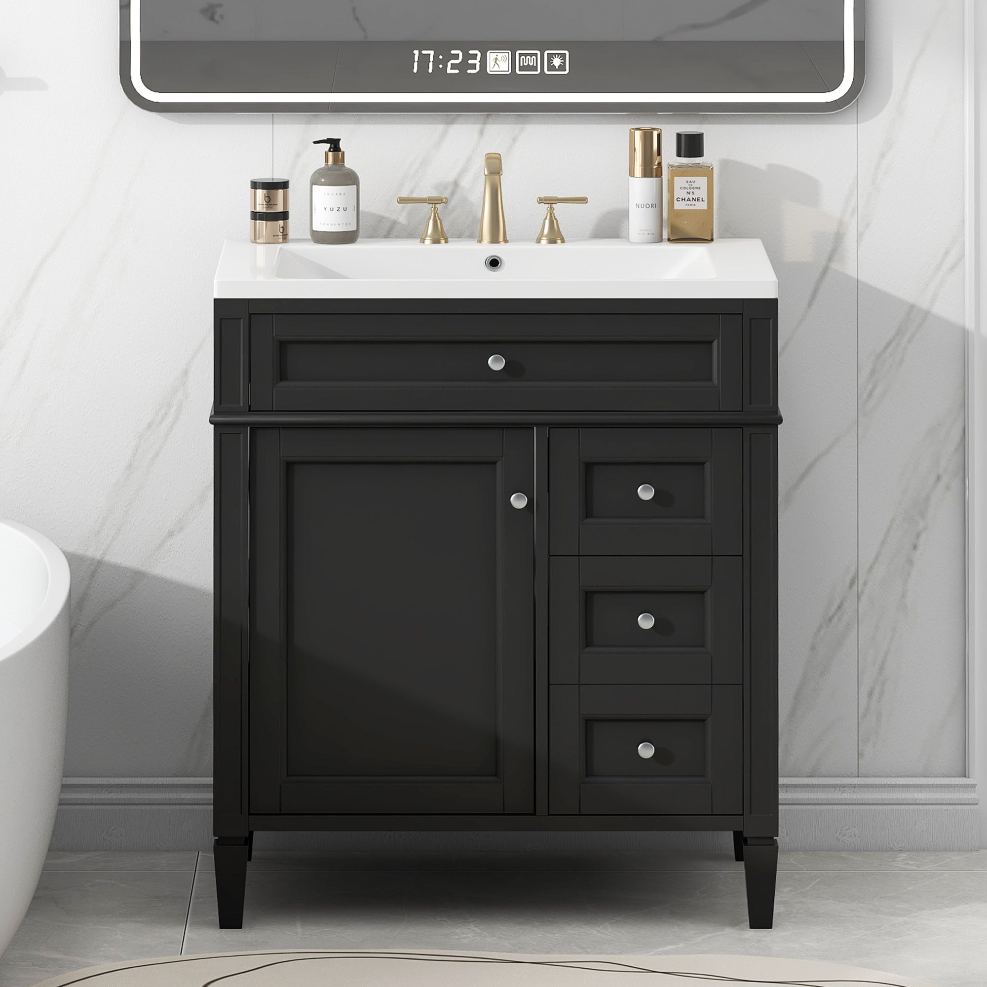 30'' Bathroom Vanity with Top Sink, Modern Bathroom Storage Cabinet with 2 Drawers and a Tip-out Drawer, Single Sink Bathroom Vanity