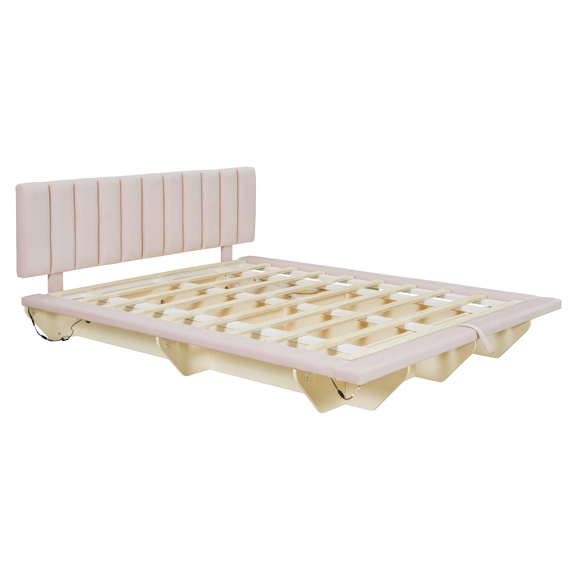 Queen Size Upholstered Floating Bed with LED Light and USB Port, Velvet, Pink, Hydrualic Platform Bed