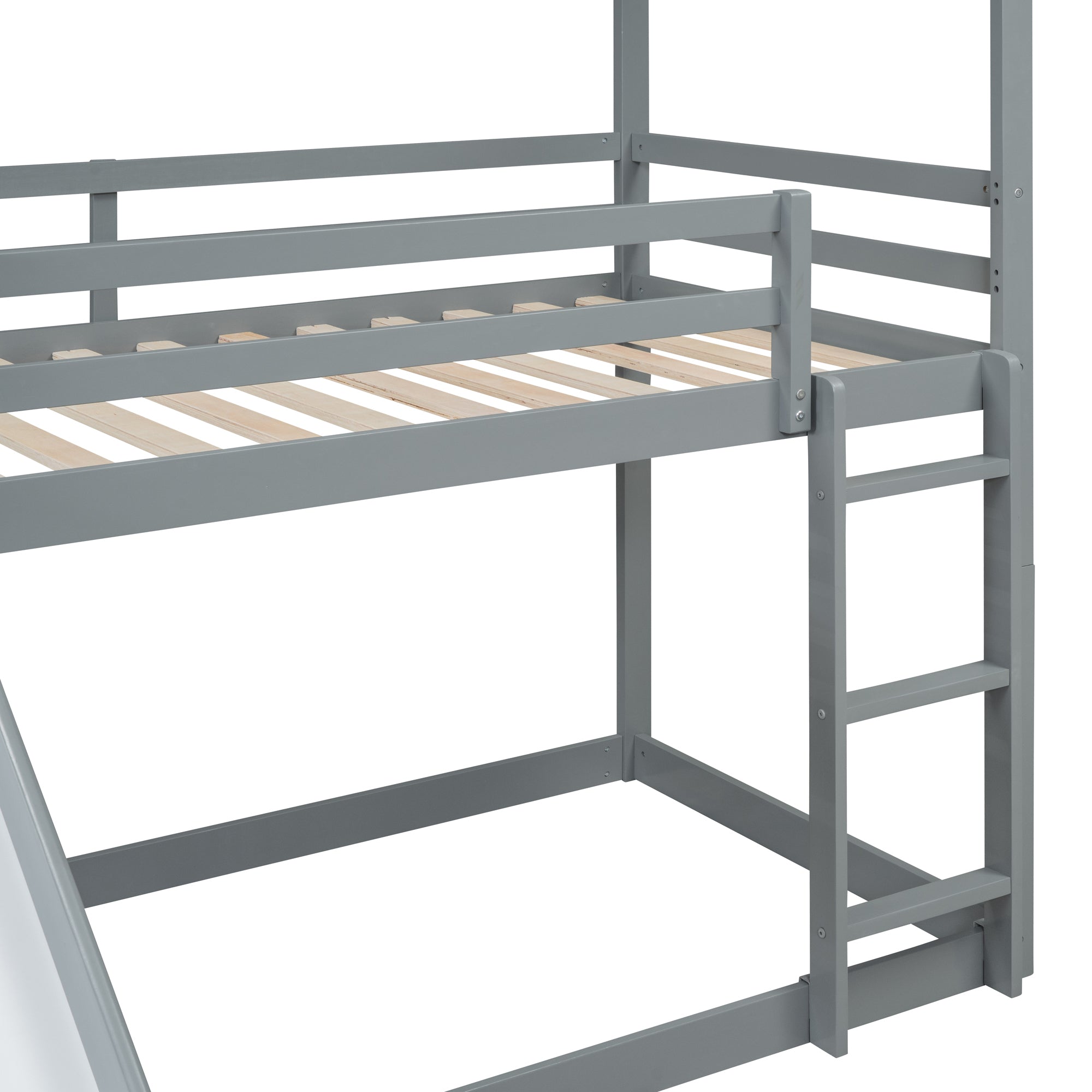 Twin Over Twin Bunk Bed with Roof, Slide and Ladder, Gray