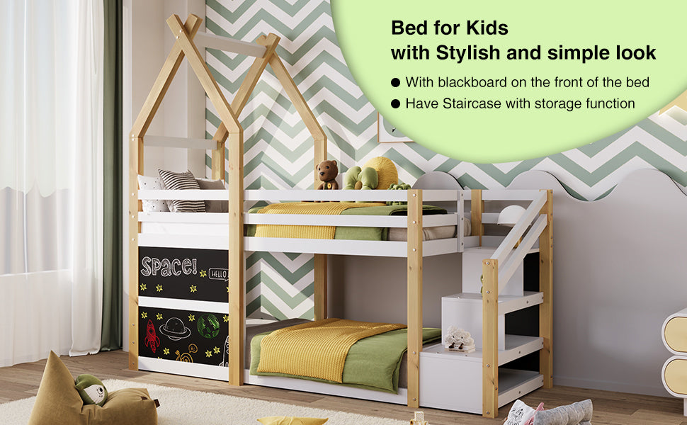 Twin over Twin House Bunk Bed with White Storage Staircase and 2 Blackboards, White and Natural