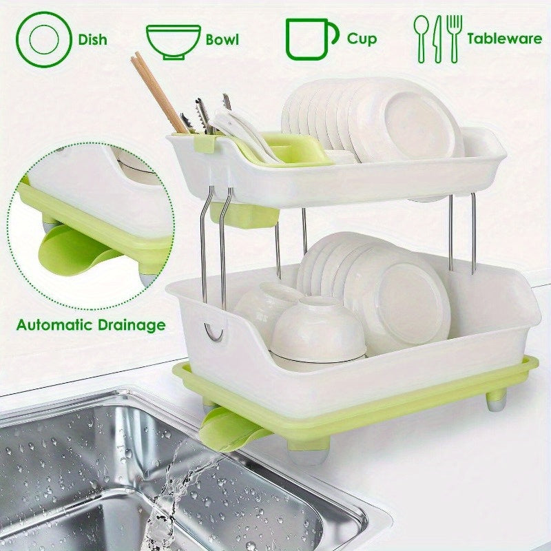 2-Tier Kitchen Cutlery Rack Plate Cup Drying Draining Tray Cutlery Rack Storage