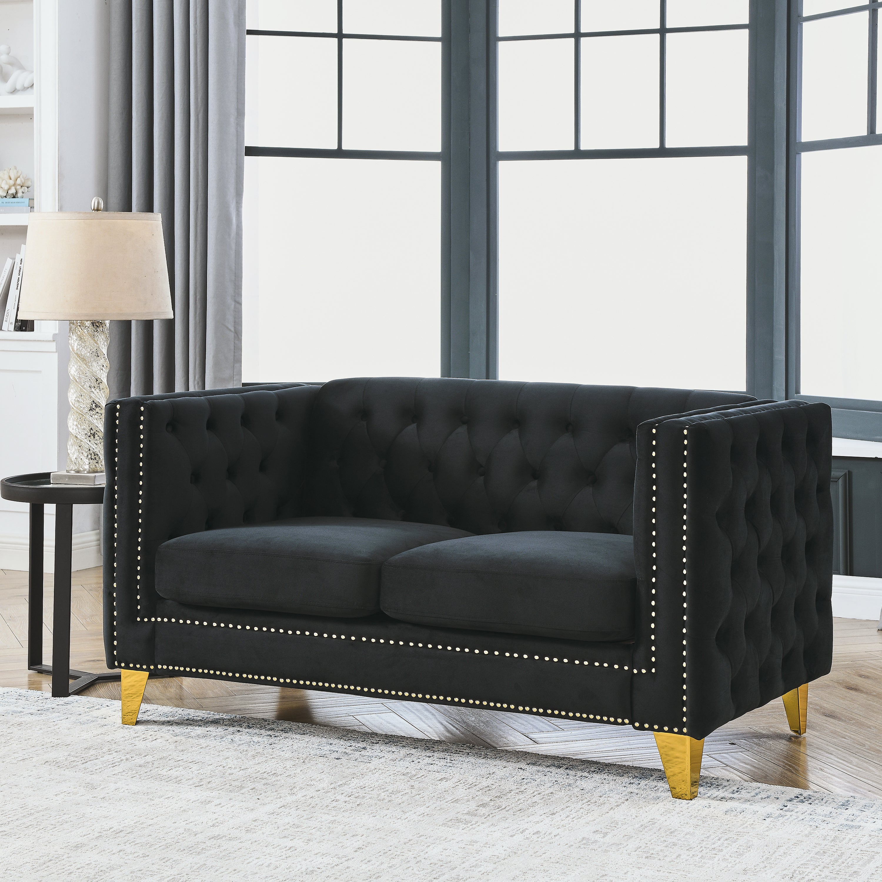 {Contact us for 3D modeling} Velvet Sofa for Living Room,Buttons Tufted Square Arm Couch, Modern Couch Upholstered Button and Metal Legs, Sofa Couch for Bedroom, Black Velvet-2S(W834S00053)