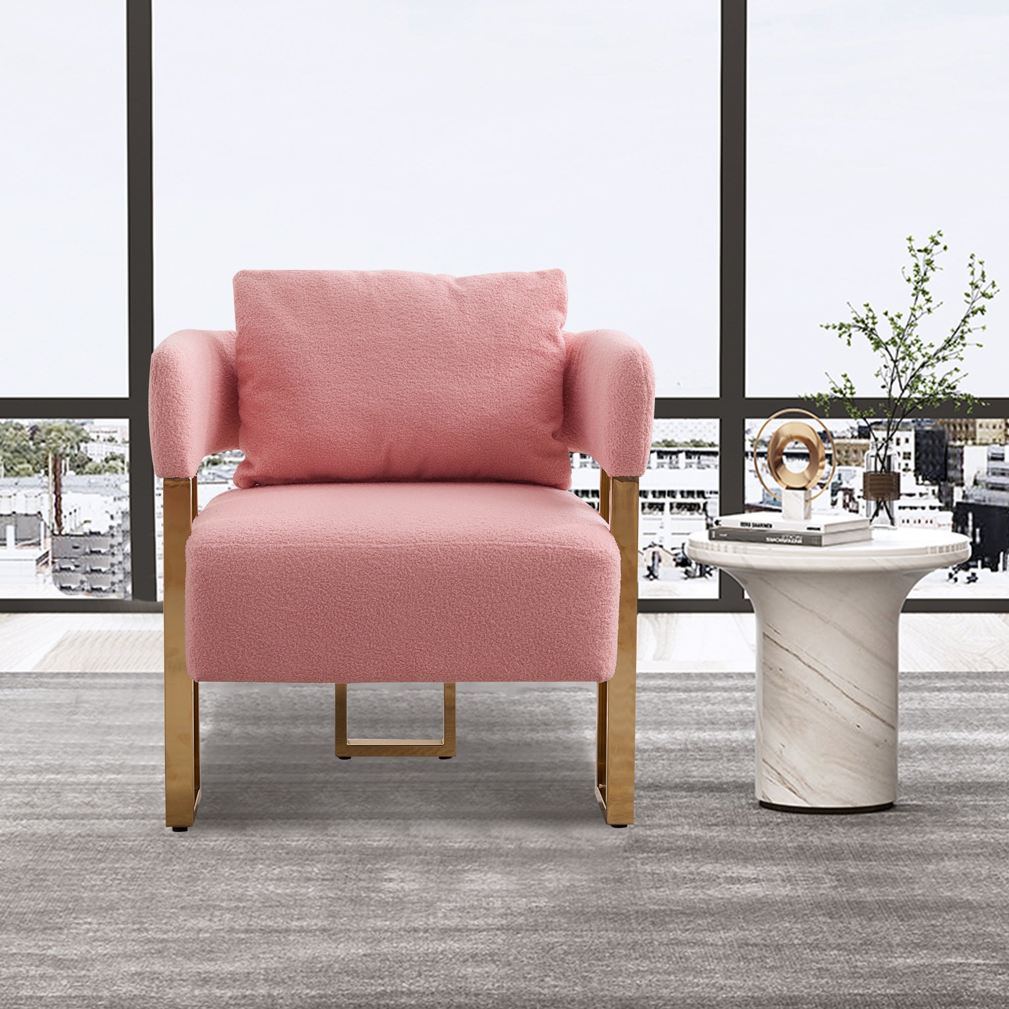 TS Modern decorative chair, living room side chair with gold metal legs, no wheels, suitable for dressing area, reception room, office,Teddy fleece upholstered metal foot sofas 2PCS Pink