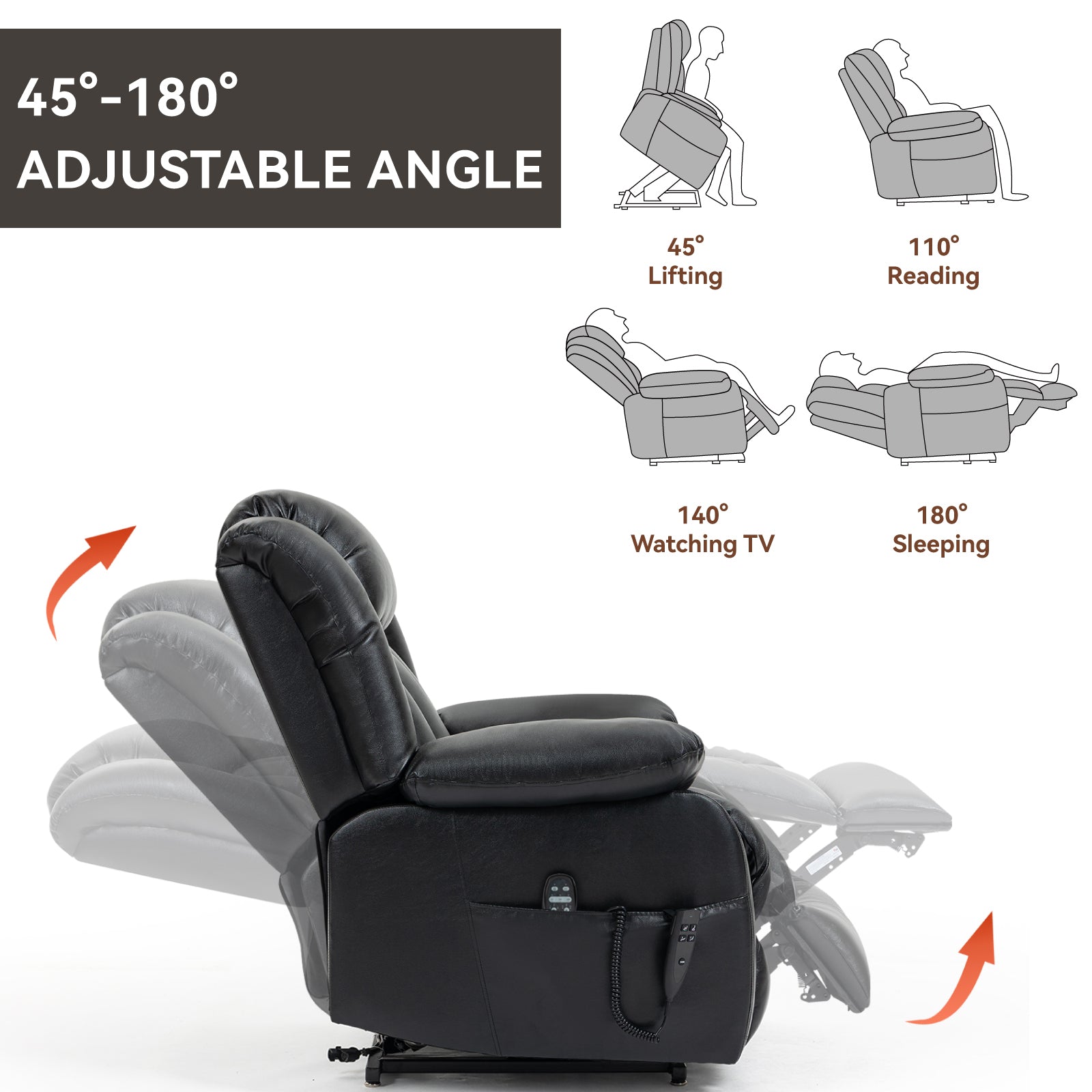 Dual Motor Infinite Position Up to 350 LBS Electric Medium size Genuine Leather Black Power Lift Recliner Chair with 8-Point Vibration Massage and Lumbar Heating