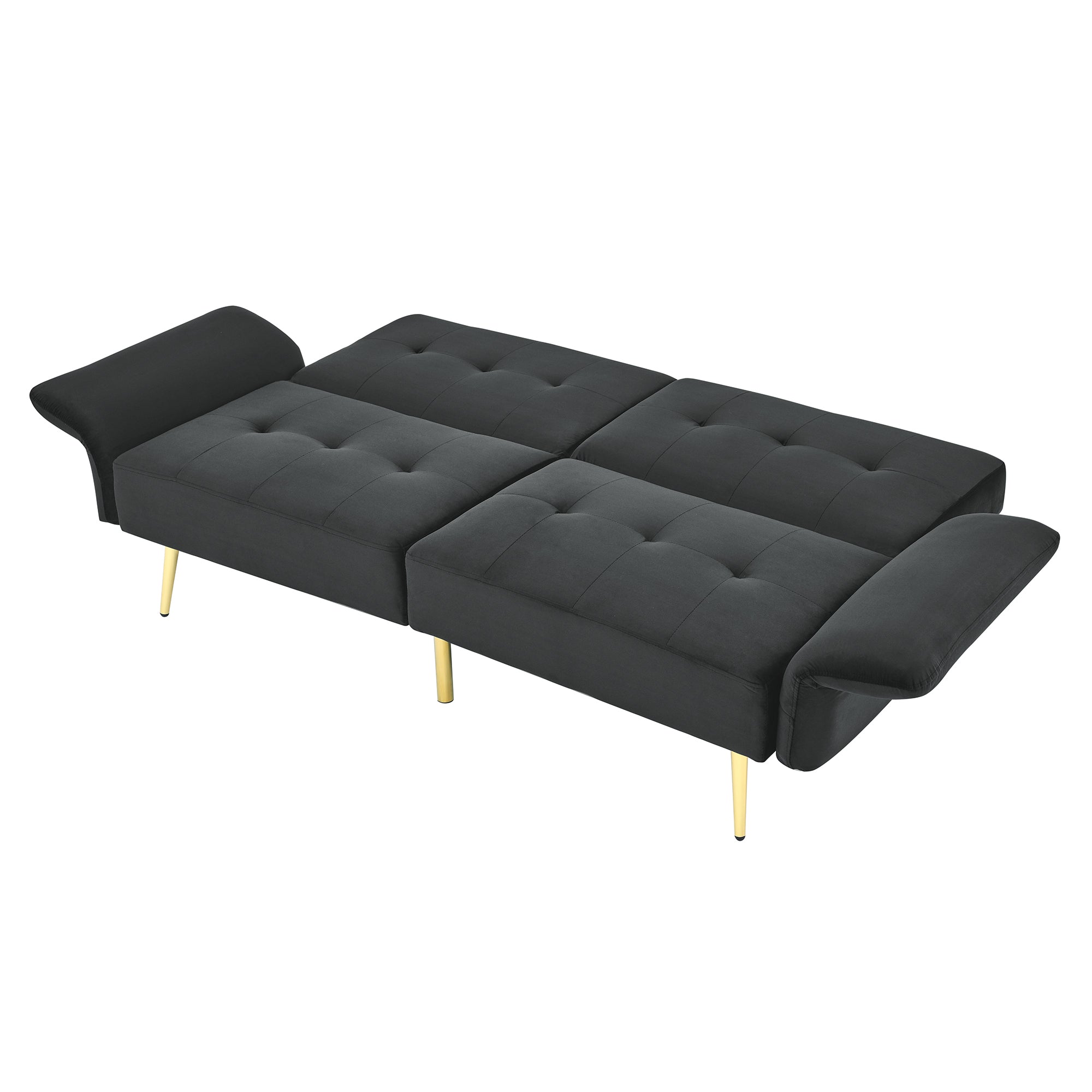 78" Italian Velvet Futon Sofa Bed, Convertible Sleeper Loveseat Couch with Folded Armrests and Storage Bags for Living Room and Small Space, Black 280g velvet