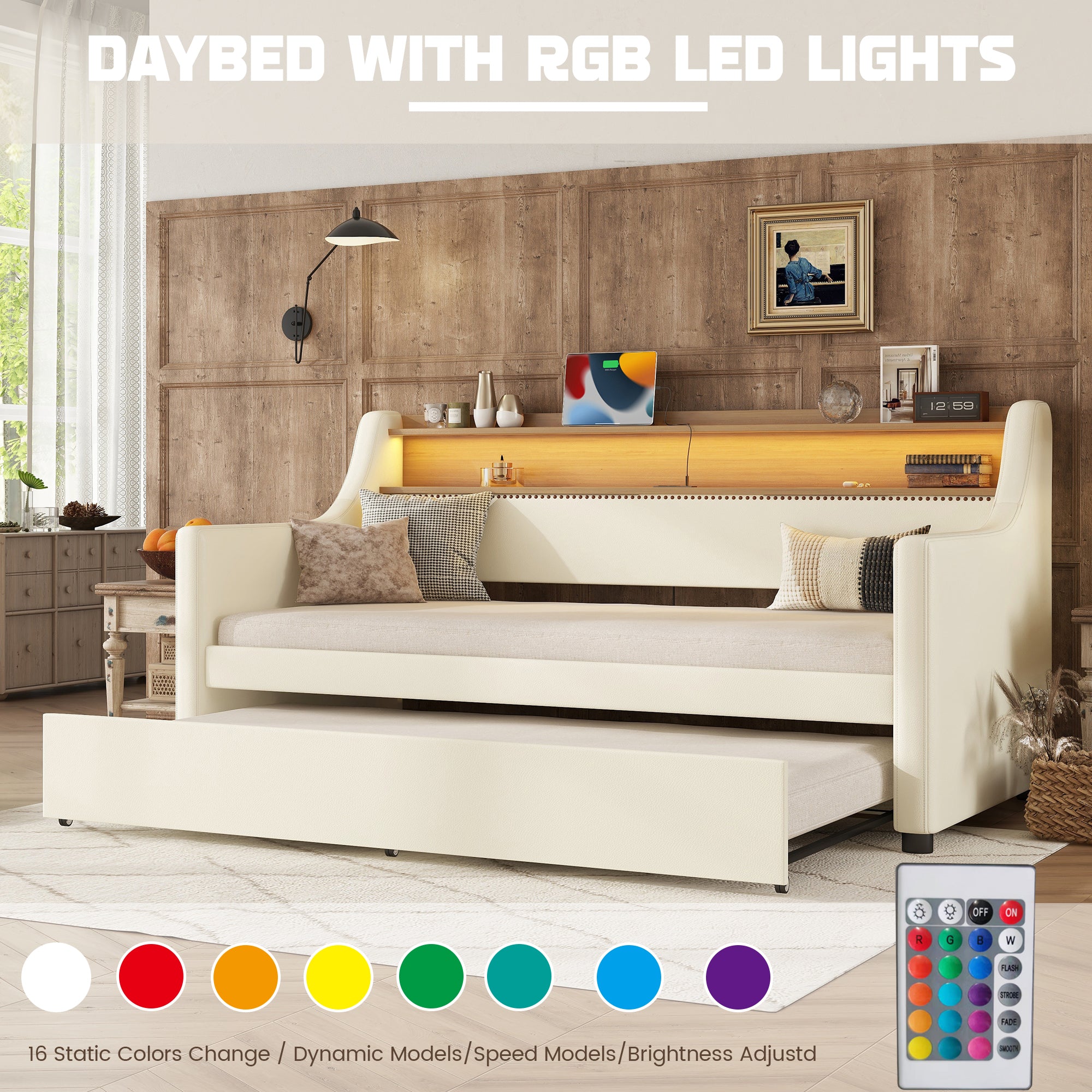 Twin Size Daybed with Trundle, Upholstered Daybed with Charging Station and LED Lights, White (Expect arrive date:May 20th. )