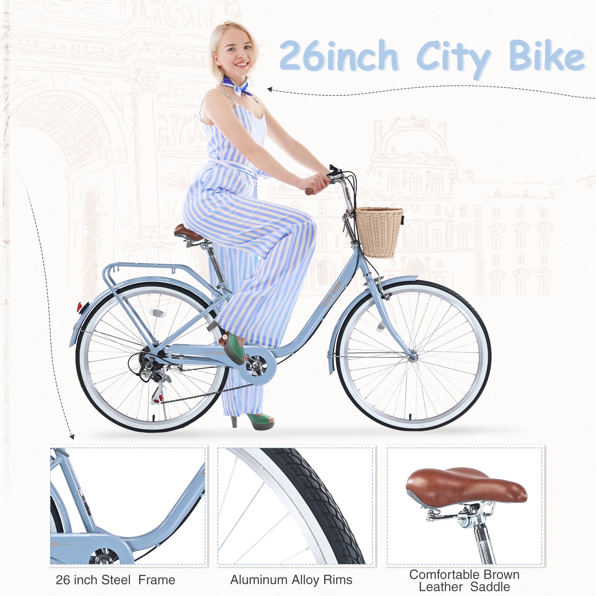 7 Speed City  Bike With  Basket , Steel Frame,Multiple Colors 26 Inch Girls Bicycle