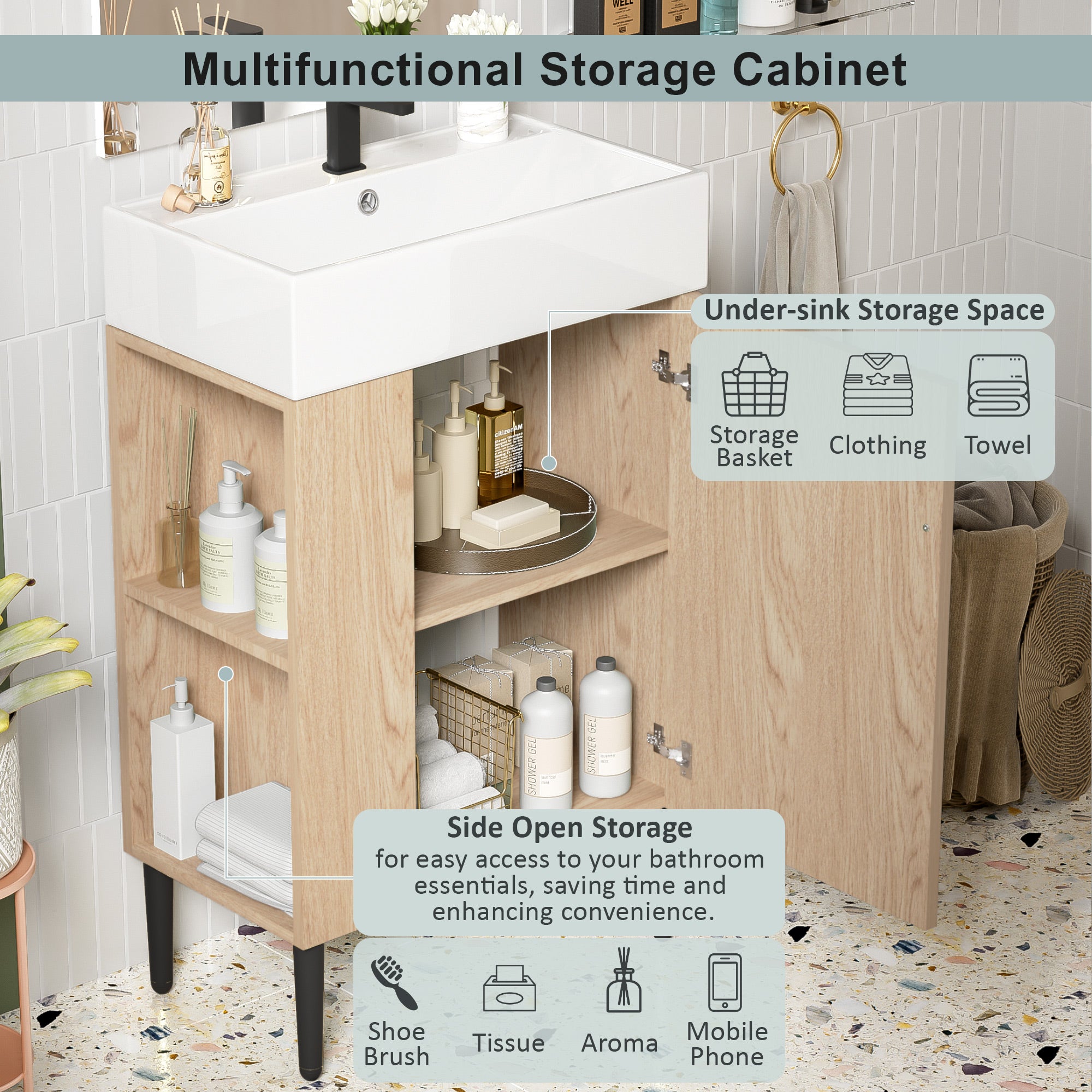Wood bathroom storage vanity with single ceramic sink, detail view