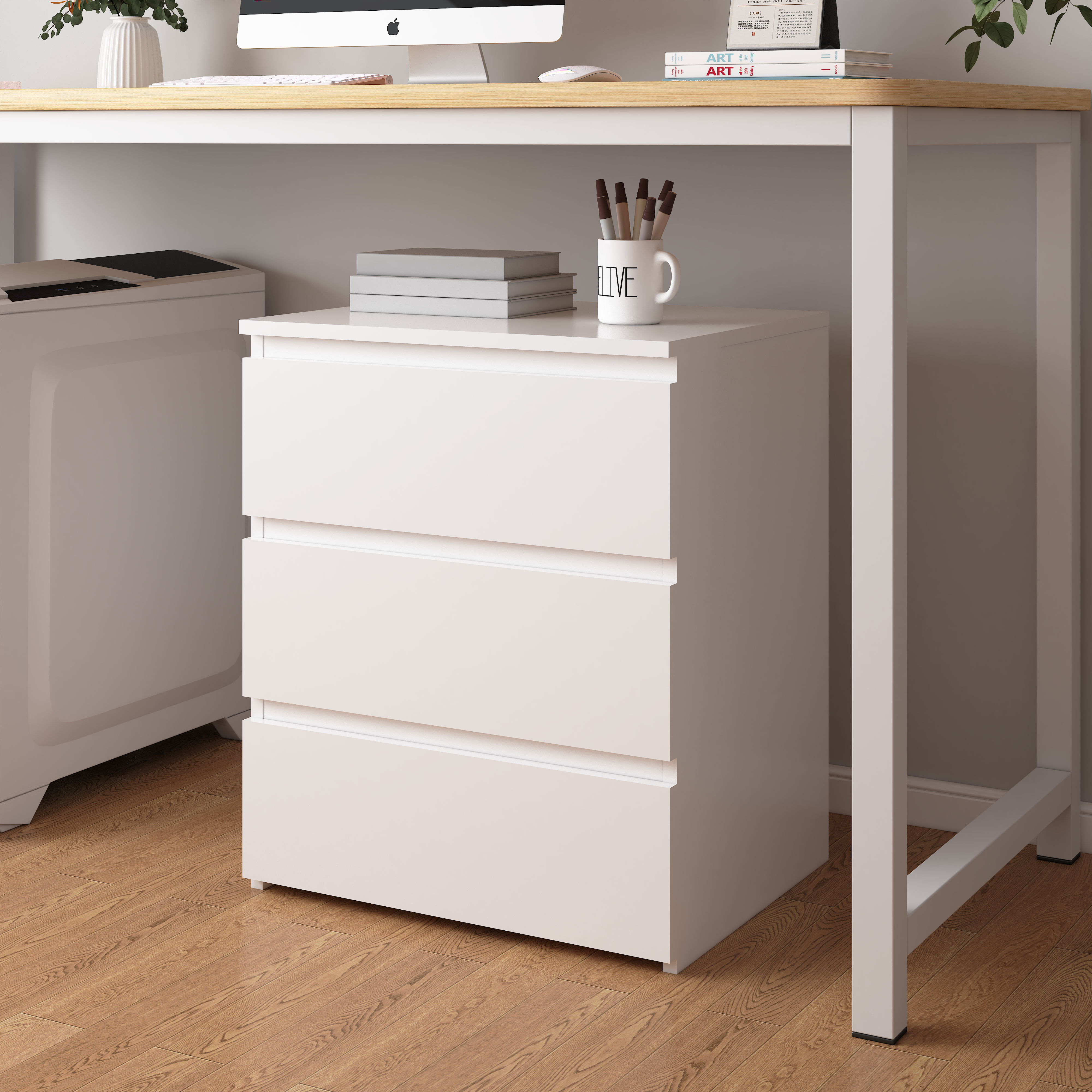 White 3-drawer wood nightstand, angled view
