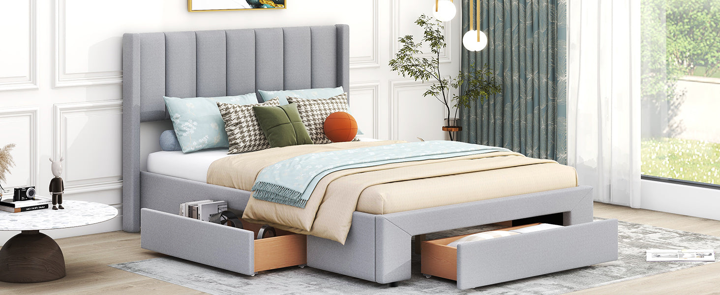 Queen Size Upholstered Platform Bed with One Large Drawer in the Footboard and Drawer on Each Side,Gray