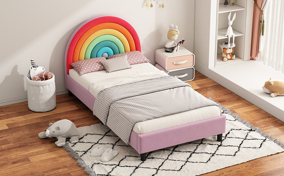 Rainbow Design Upholstered Twin Platform Bed Cute Style Princess Bed for Boys & Girls, Teens, Colorful & Pink