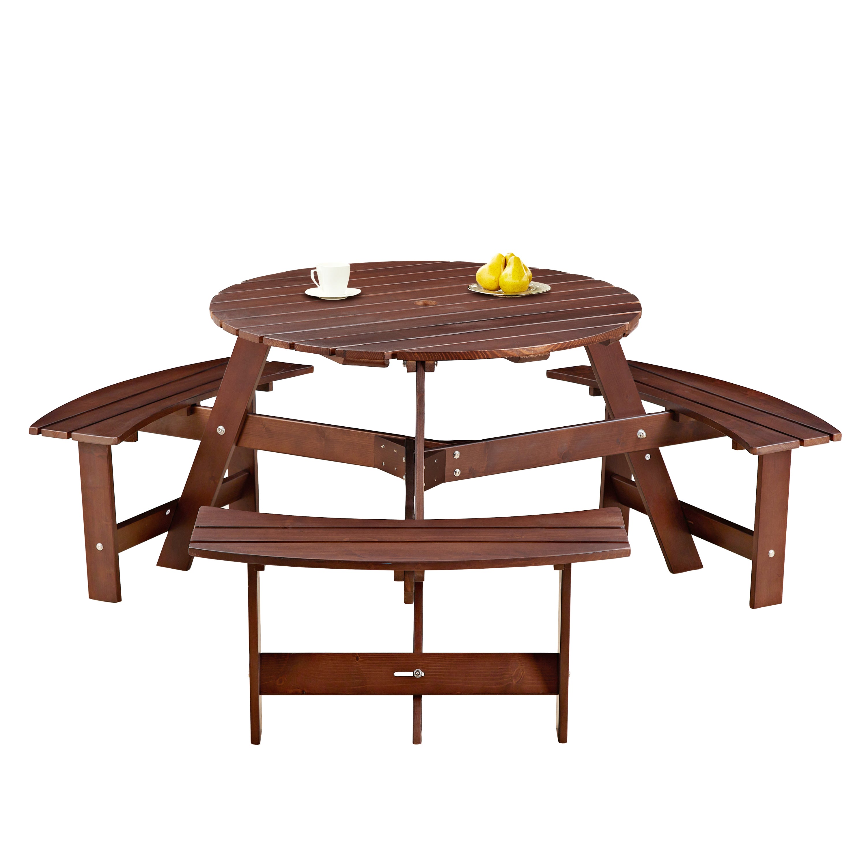 Outdoor 6 Person Picnic Table, 6 person Round Picnic Table with 3 Built-in Benches, Umbrella Hole, Outside Table and Bench Set for Garden, Backyard, Porch, Patio, Brown