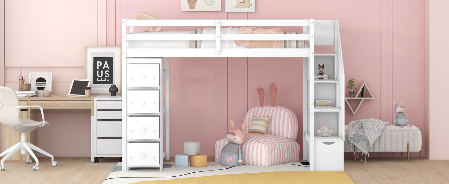 Twin size Loft Bed with Storage Drawers and Stairs, Wooden Loft Bed with Shelves - White