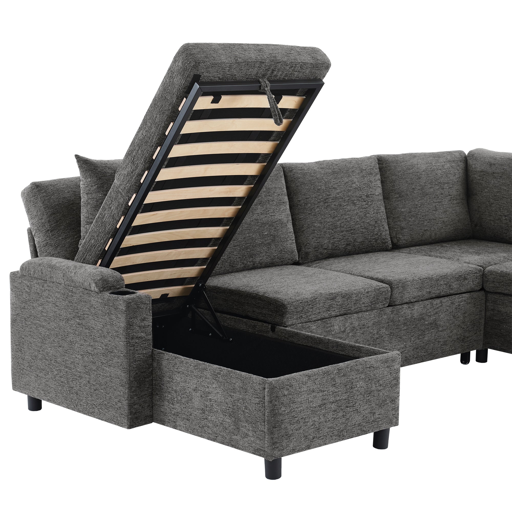 Sectional sofa bed beige grey with storage detail view