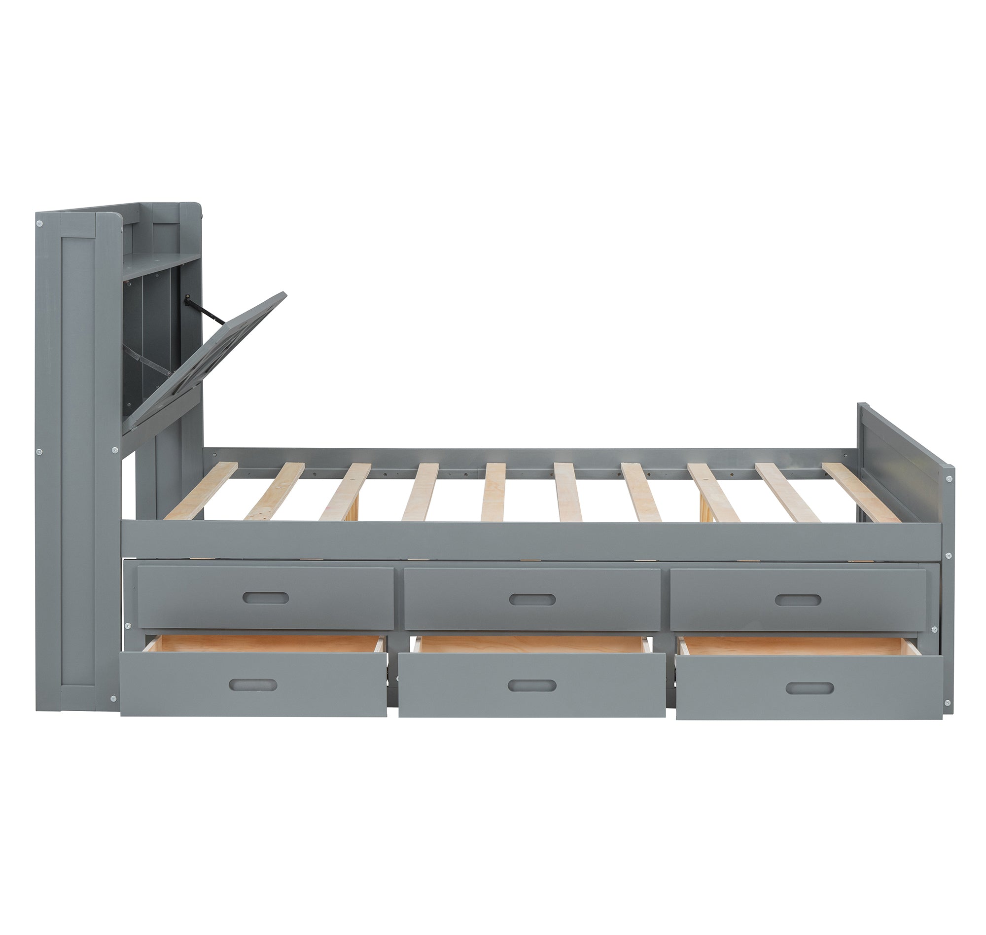 Full Size Wooden Bed with Storage Headboard with Outlets, Extendable Bed with Twin Size Trundle with Three Storage Drawers,Gray