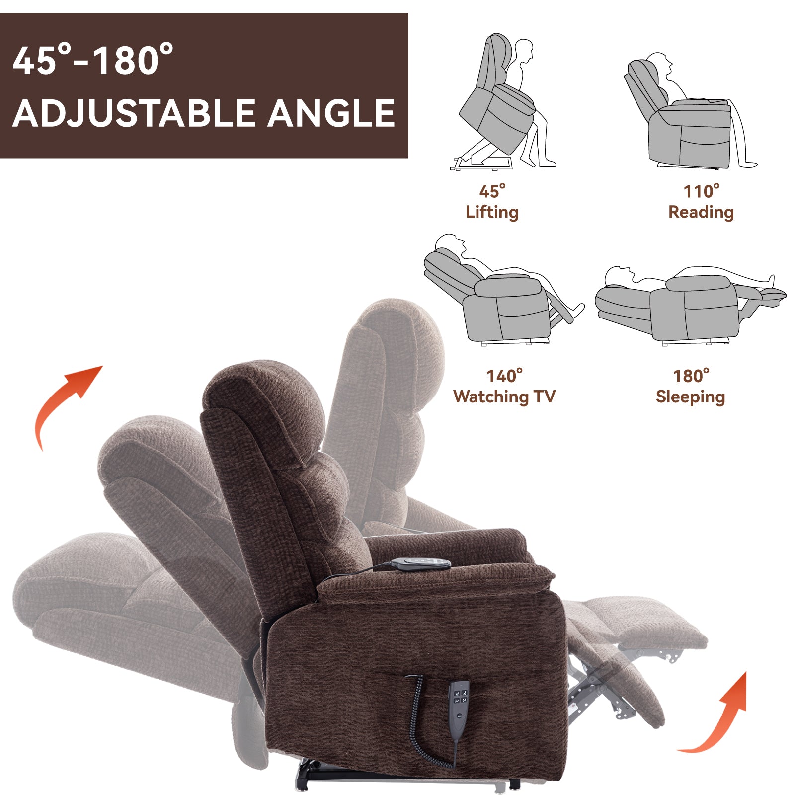 Brown Chenille Dual Motor Infinite Position Up to 350 LBS Power Lift Recliner Chair with Power-Remote, Heat Massage and Heavy Duty Motion Mechanism