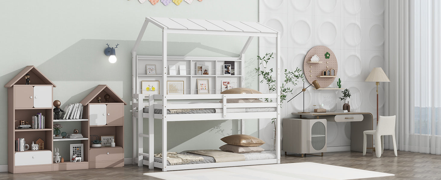 Twin Over Twin Low Bunk Bed with House Semi-enclosed Roof,Guardrails, Bedside Shelves and Ladder, White