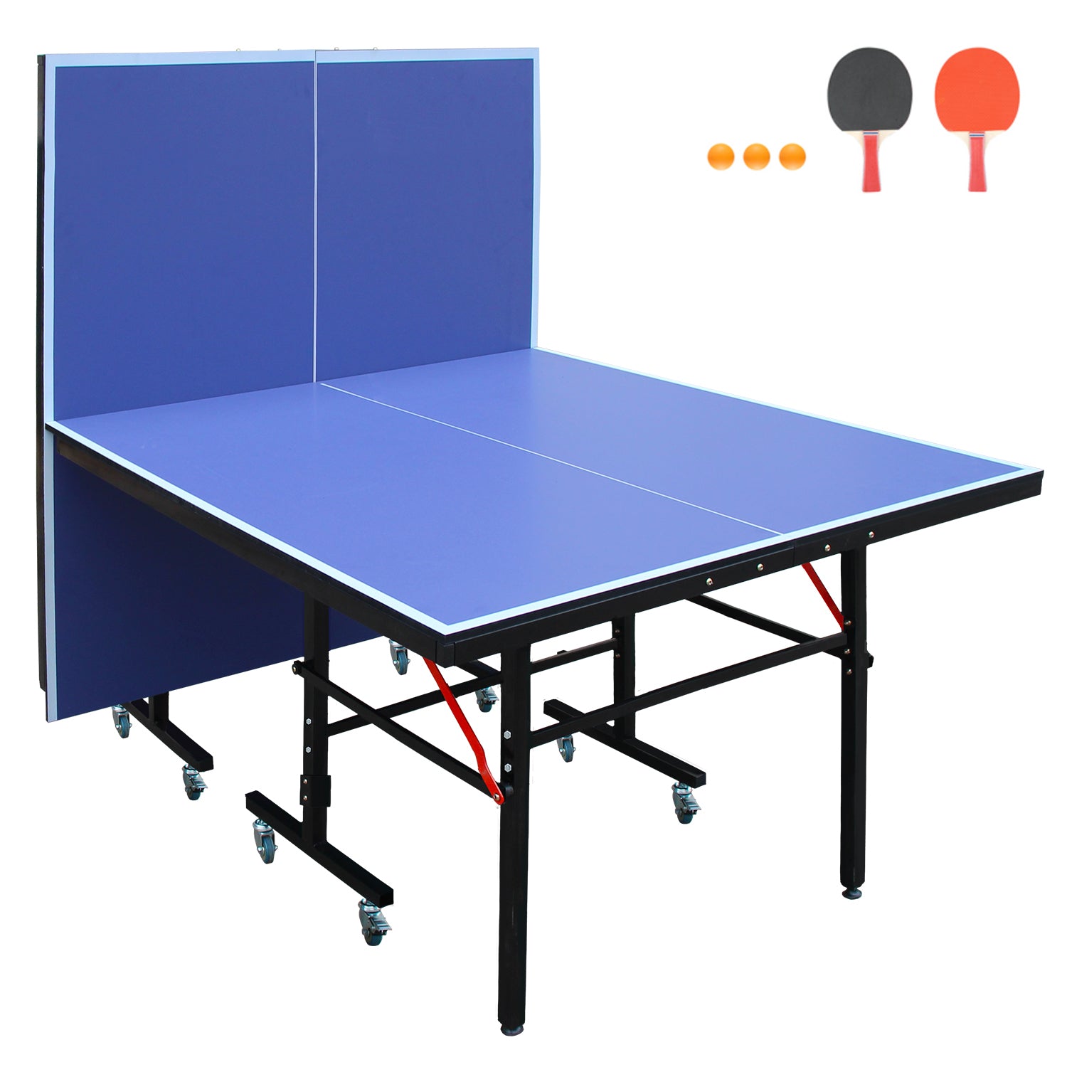 8ft Mid-Size Table Tennis Table Foldable & Portable Ping Pong Table Set for Indoor Games with Net, 2 Table Tennis Paddles and 3 Balls