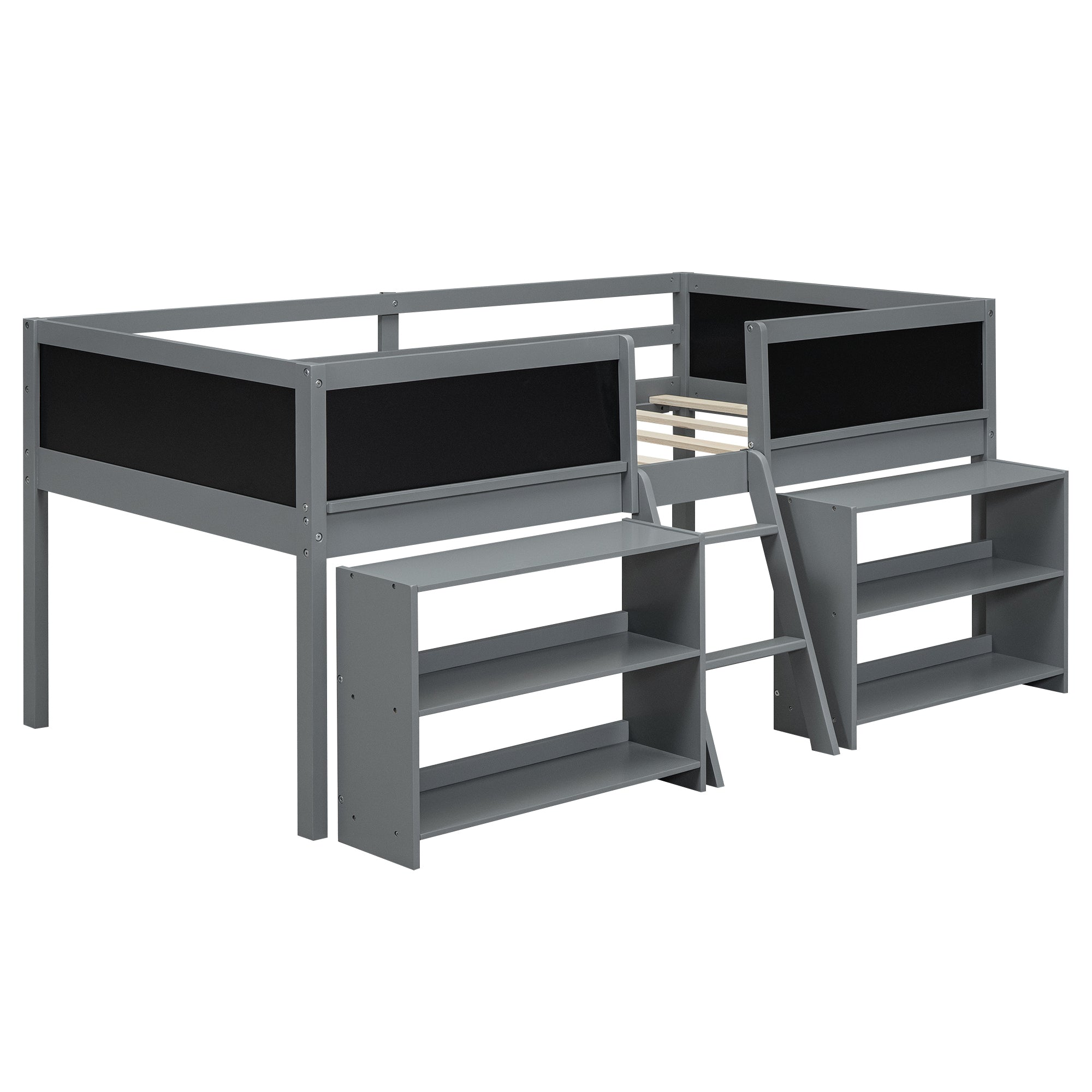 Twin Size Low Loft Bed with Two Movable Shelves and Ladder,with Decorative Guardrail Chalkboard,Gray(Old SKU: WF283286AAE)