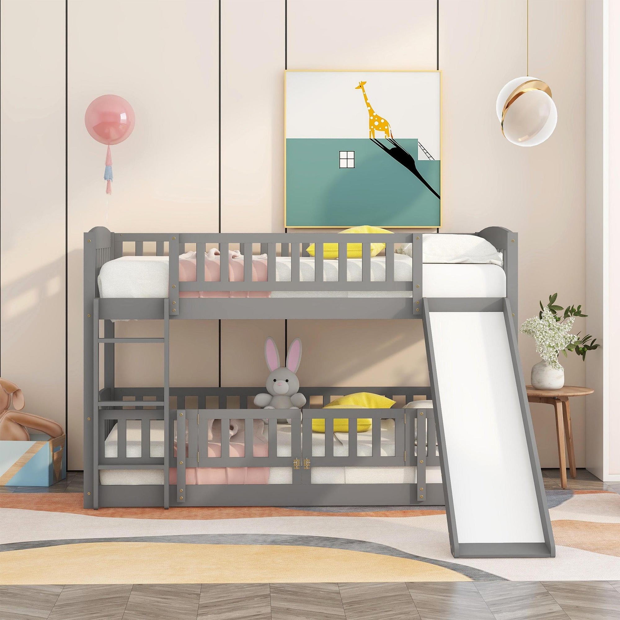 Bunk Bed with Slide,Twin Over Twin Low Bunk Bed with Fence and Ladder for  Kids Teens Grey