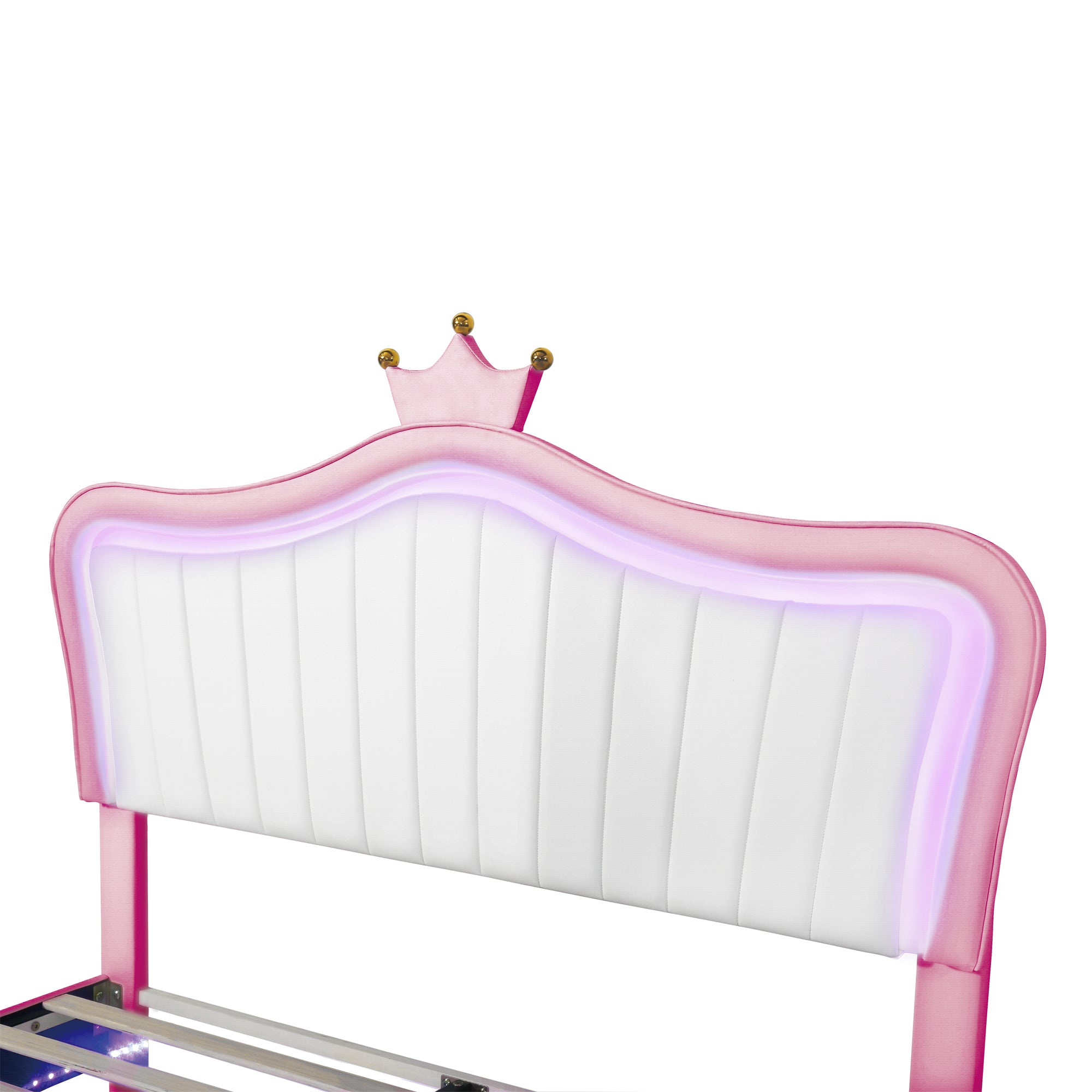 Queen Size Upholstered Bed Frame with LED Lights,Modern Upholstered Princess Bed With Crown Headboard,White+Pink