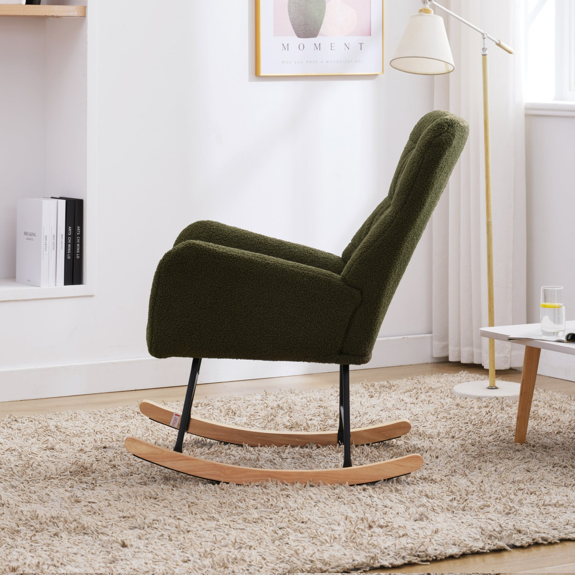 Nursery Rocking Chair, Teddy Upholstered Glider Rocker, Rocking Accent Chair with High Backrest, Comfy Rocking Accent Armchair for Living Room, Bedroom, Offices, DARK GREEN