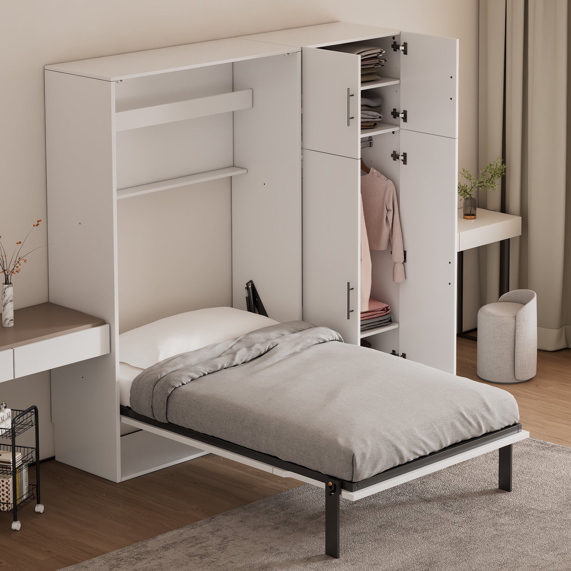 Twin Size Murphy Bed with Lockers and Wardrobes, White