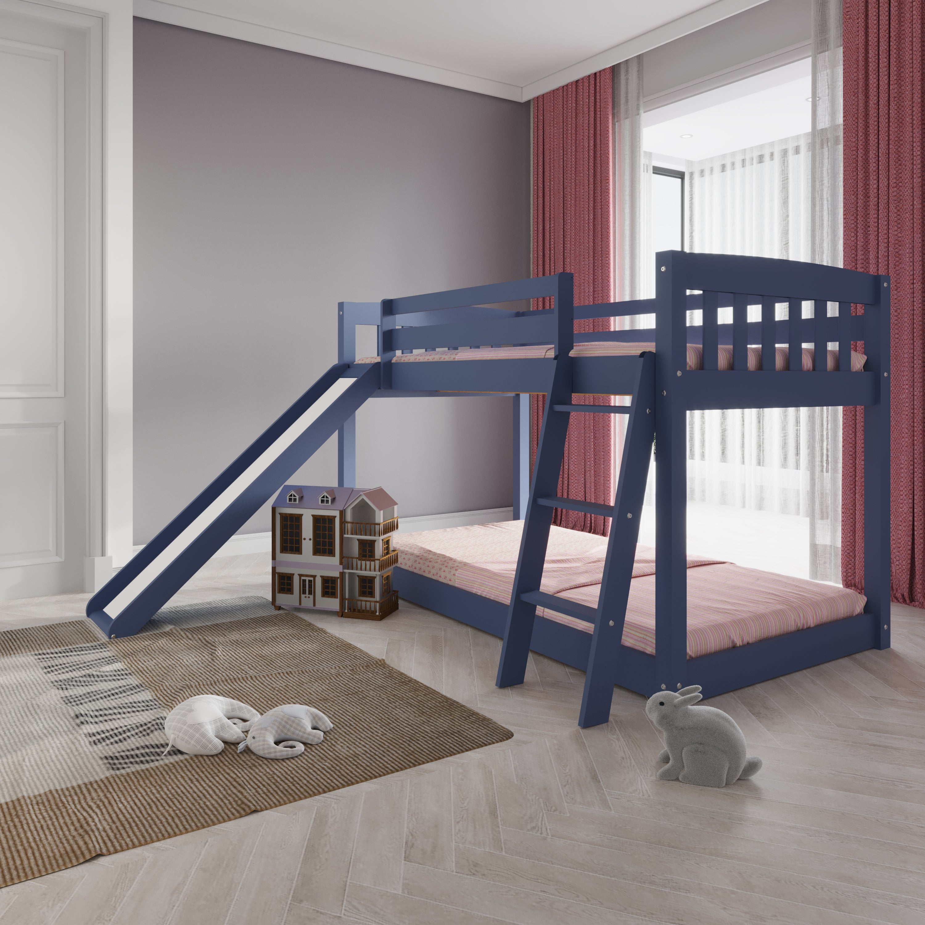 Kids Bunk Bed Twin Over Twin with Slide and Stairs, Heavy Duty Solid Wood Twin Bunk Beds, Toddler Bed Frame with Safety Guardrails, Blue