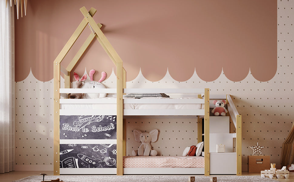 Twin over Twin House Bunk Bed with White Storage Staircase and 2 Blackboards, White and Natural