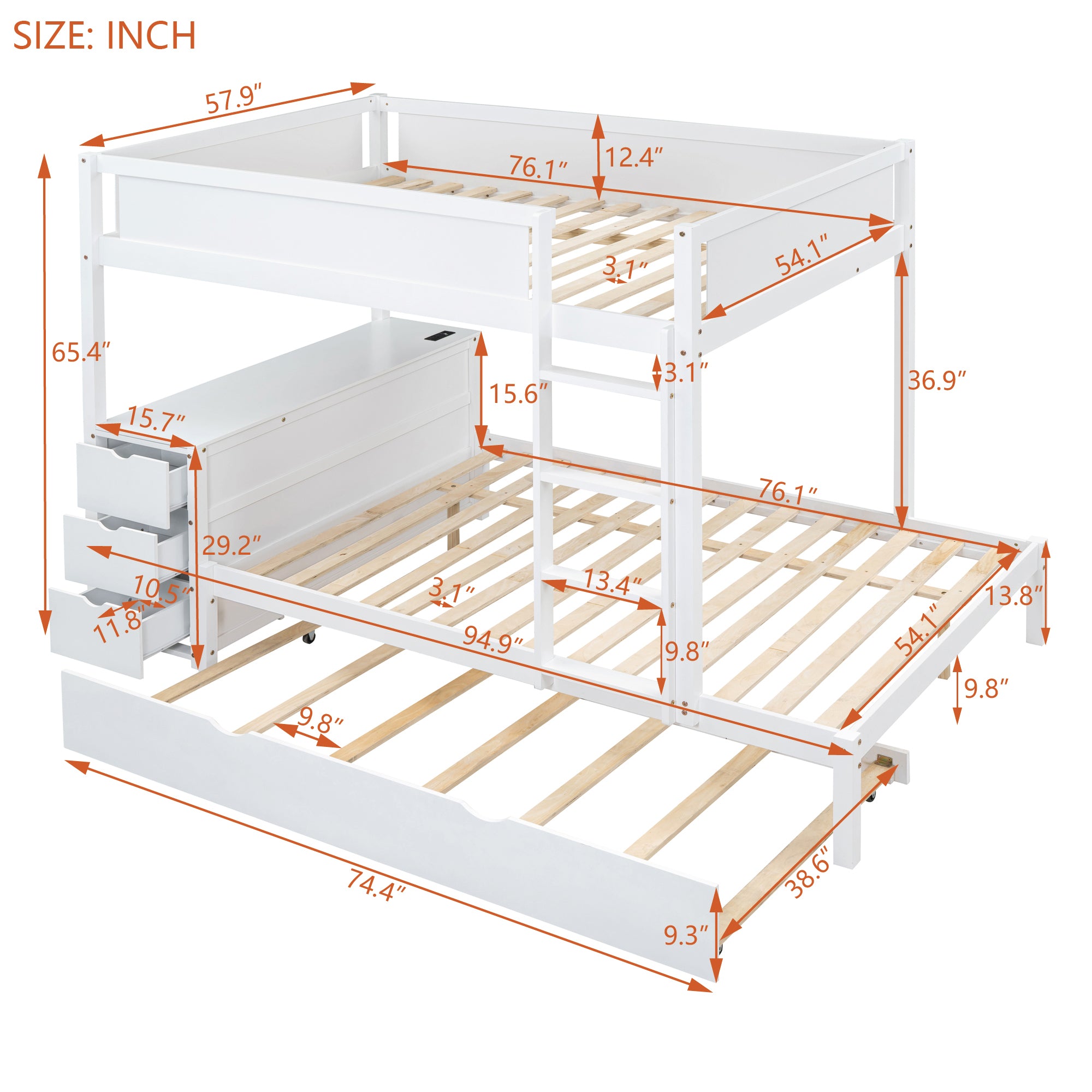 Full-Over-Full Bunk Bed with Twin size Trundle, Storage and Desk, White