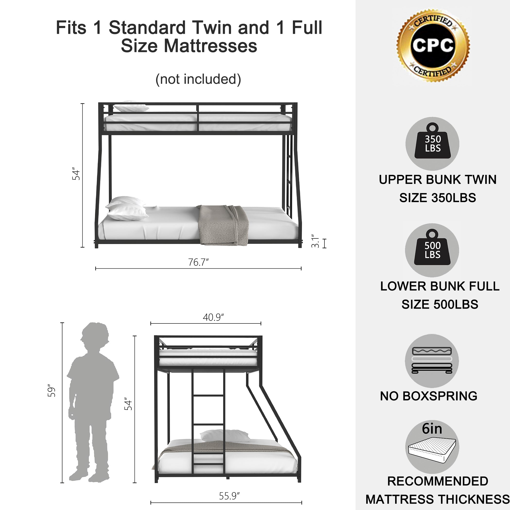 Same as original B083124171 Adam Sturdy Twin over Full Metal Bunk Black for Kids and Adult, Low Profile and Easy Climbing with Stable Ladder